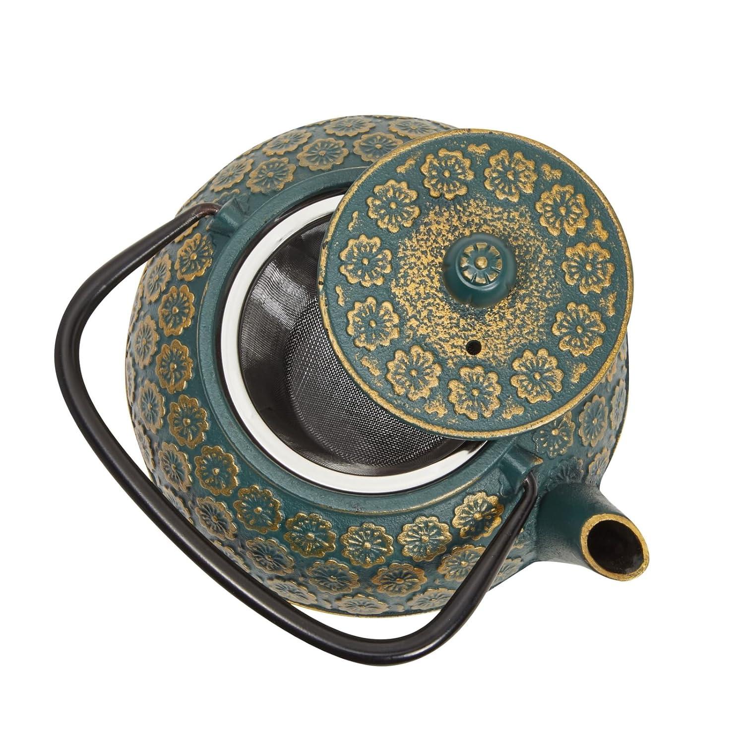 Juvale Green Cast Iron Floral Teapot Kettle with Stainless Steel Infuser Set, Japanese Tea Pot for Kitchen Pantry, 34 oz