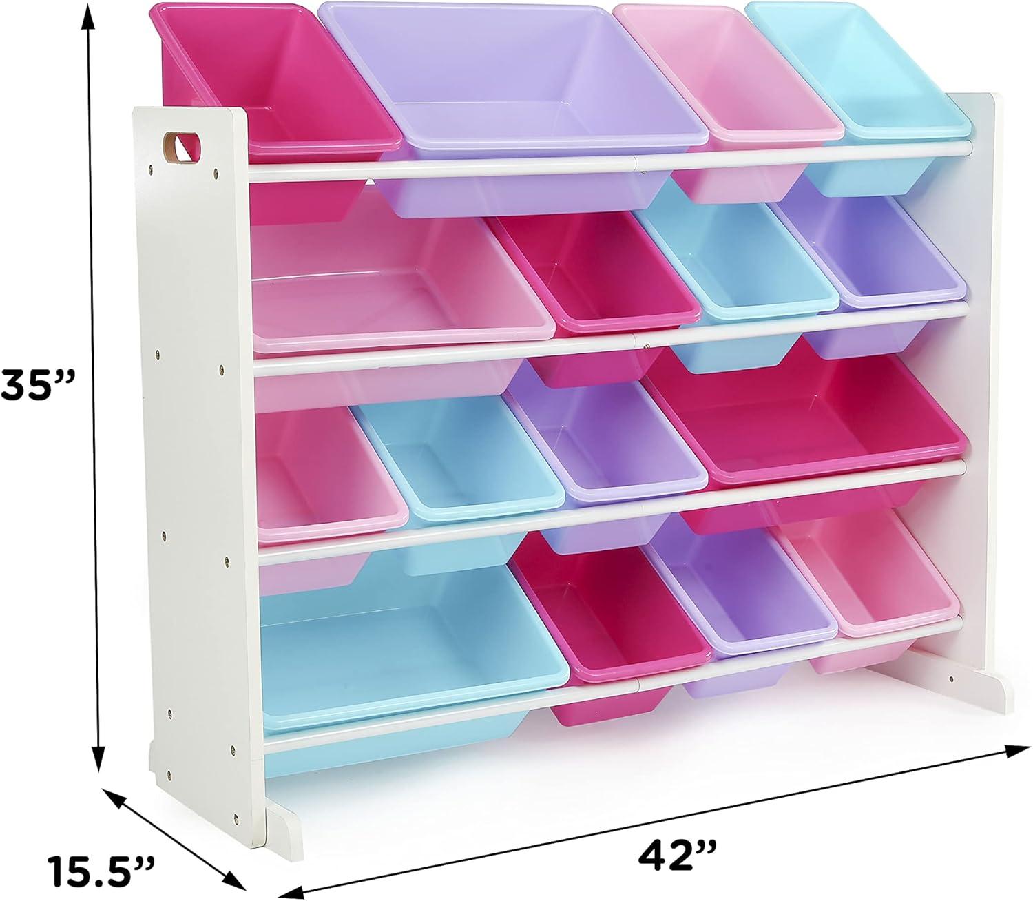 Humble Crew Forever Supersized Toy Storage Organizer with 16 Plastic Storage Bins, White/Pink/Purple/Turquoise