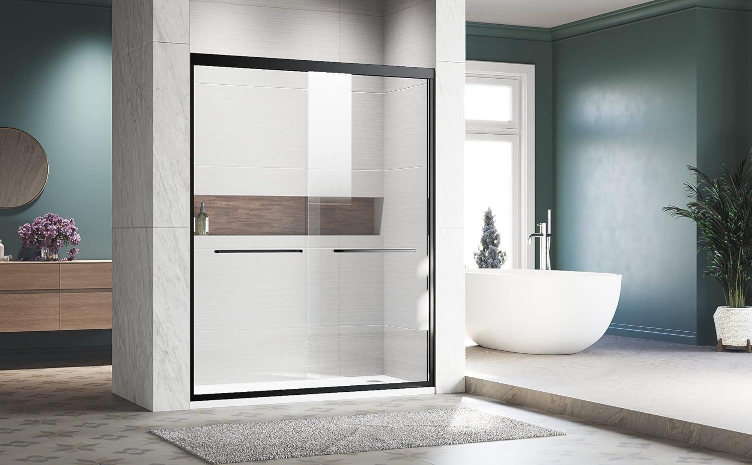 Sliding Shower Glass Door 56-60 In. W X 72 In. H, Adjustable Semi Frameless Shower Door, Certified Thick Clear Clear Tempered Glass, 304 Stainless Steel Handles