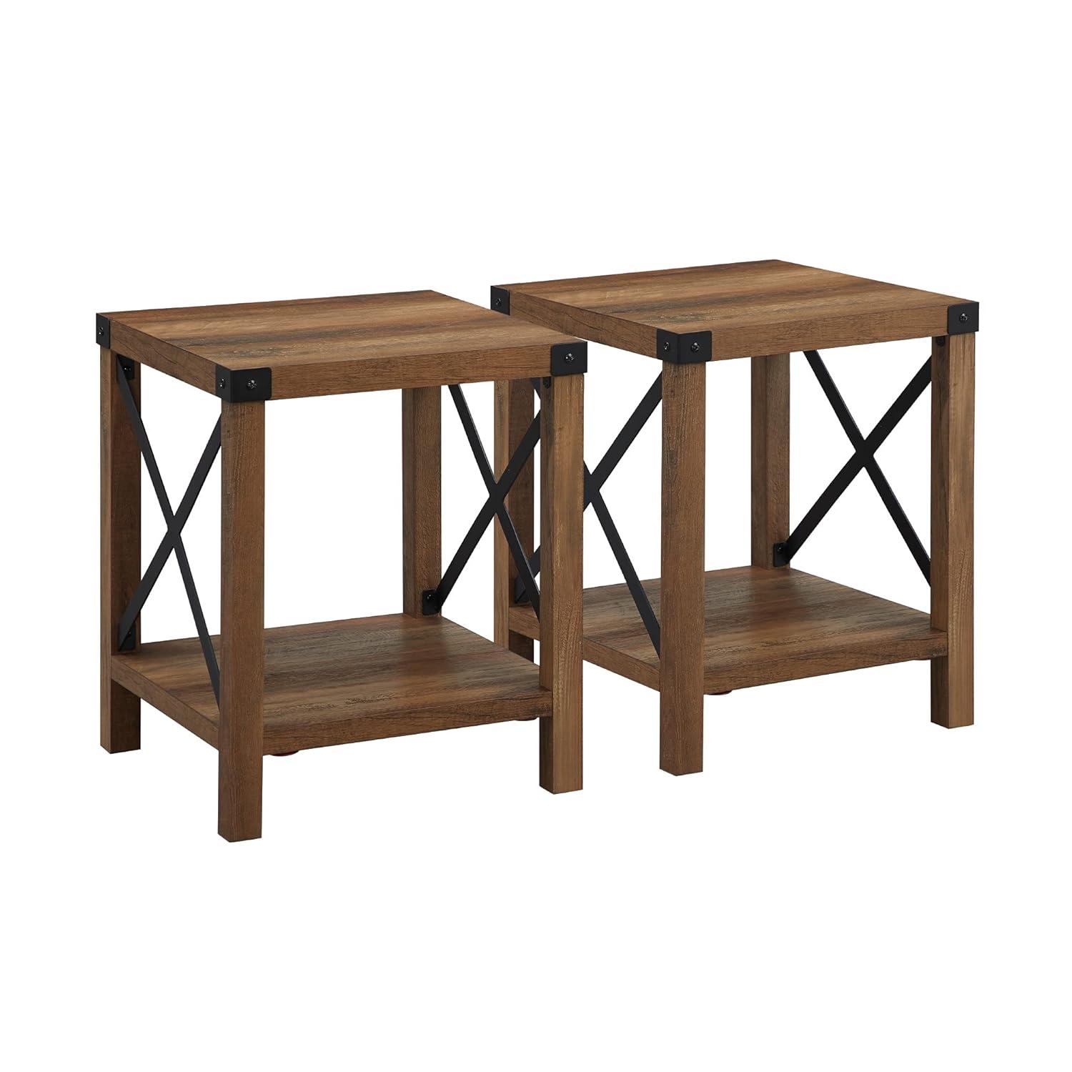 Farmhouse Metal-X End Tables with Lower Shelf in Rustic Oak (Set of 2)