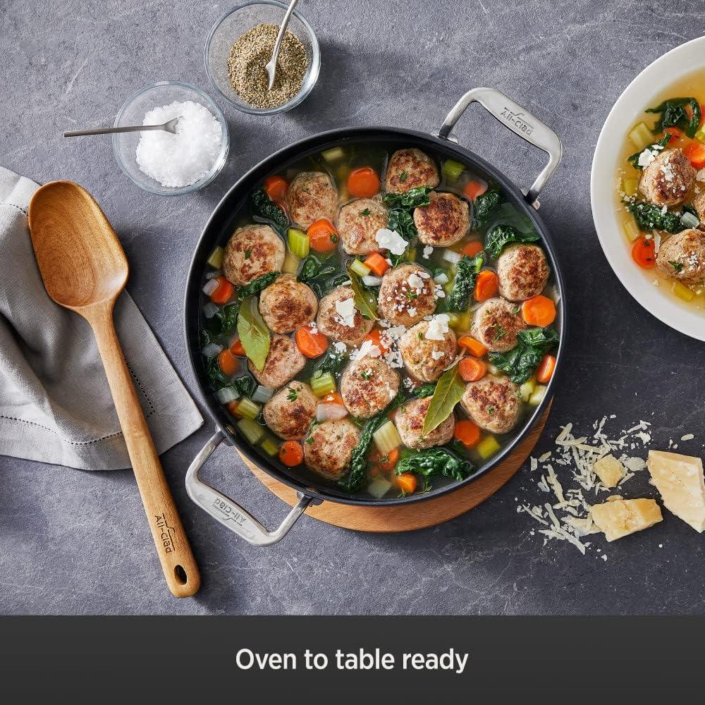 All-Clad 4 Quart Nonstick Sauteuse with Acacia Wood Trivet & Spoon and Glass Lid, HA1 Hard Anodized Cookware