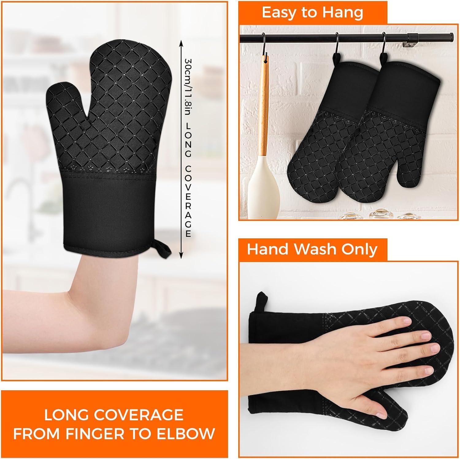 2PCS Oven Mitts and Pot Holders Sets 500°F Pot Holders for Kitchen Heat Resistant Oven Gloves Anti-Slip Silicone Stripe Oven Mitts Heat Resistant Hot Pads Oven Mits Potholders for Kitchens (Black)