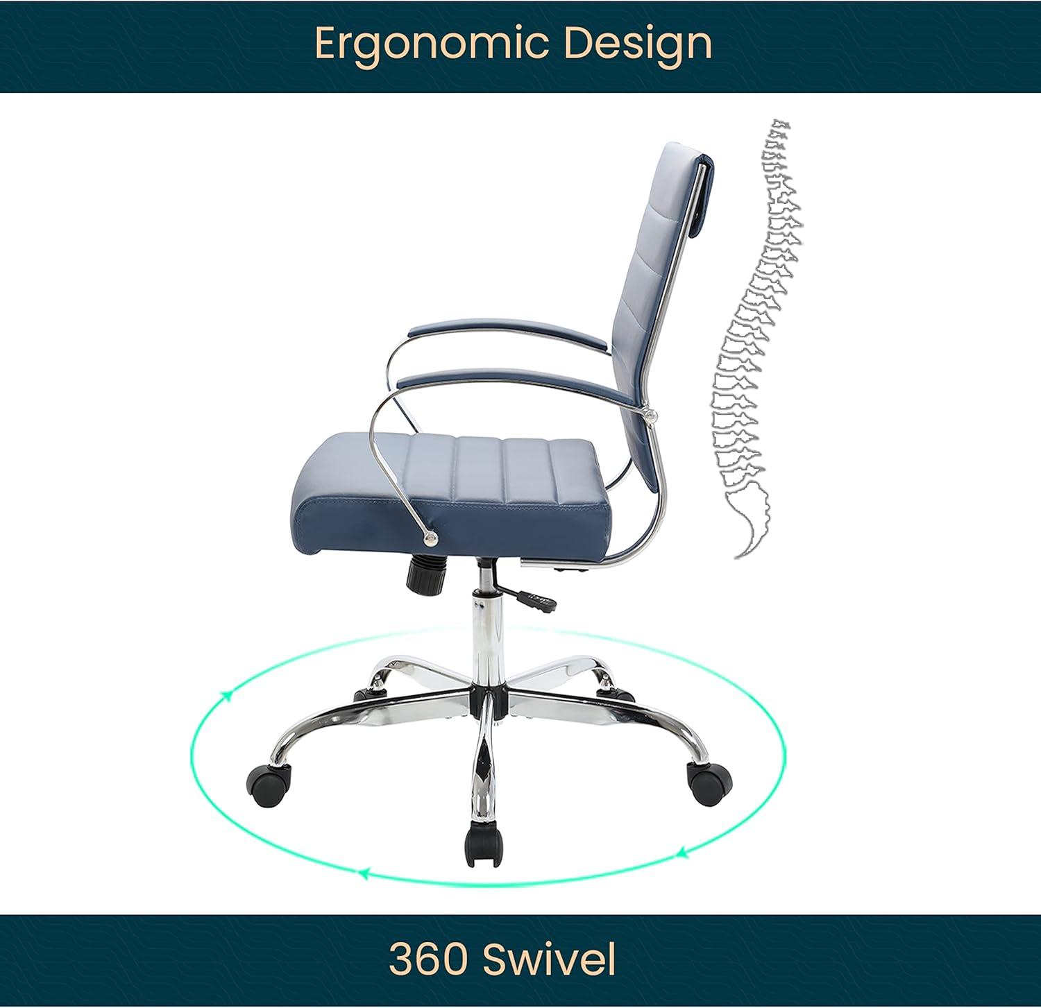 LeisureMod Benmar Mid-Back Office Conference Chair Upholstered in Leather with Swivel and Tilt in Navy Blue