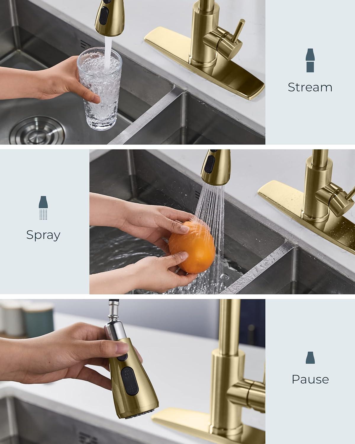 Gold Stainless Steel Pull Down Kitchen Faucet with Soap Dispenser