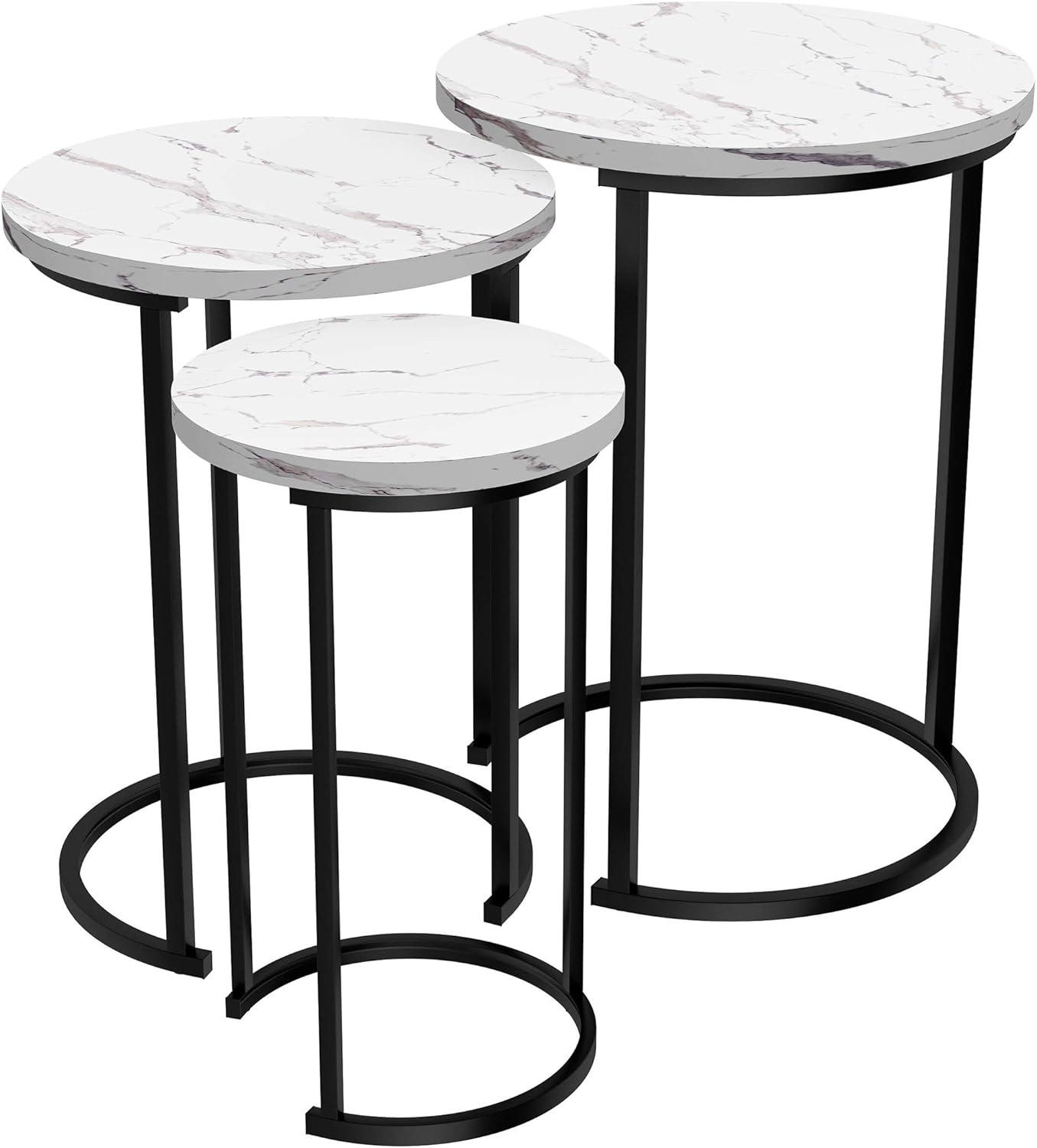 Set of 3 Round Living Room End Tables – Modern Faux Marble Top and Black Metal Base Nesting Tables or Nightstands (White)