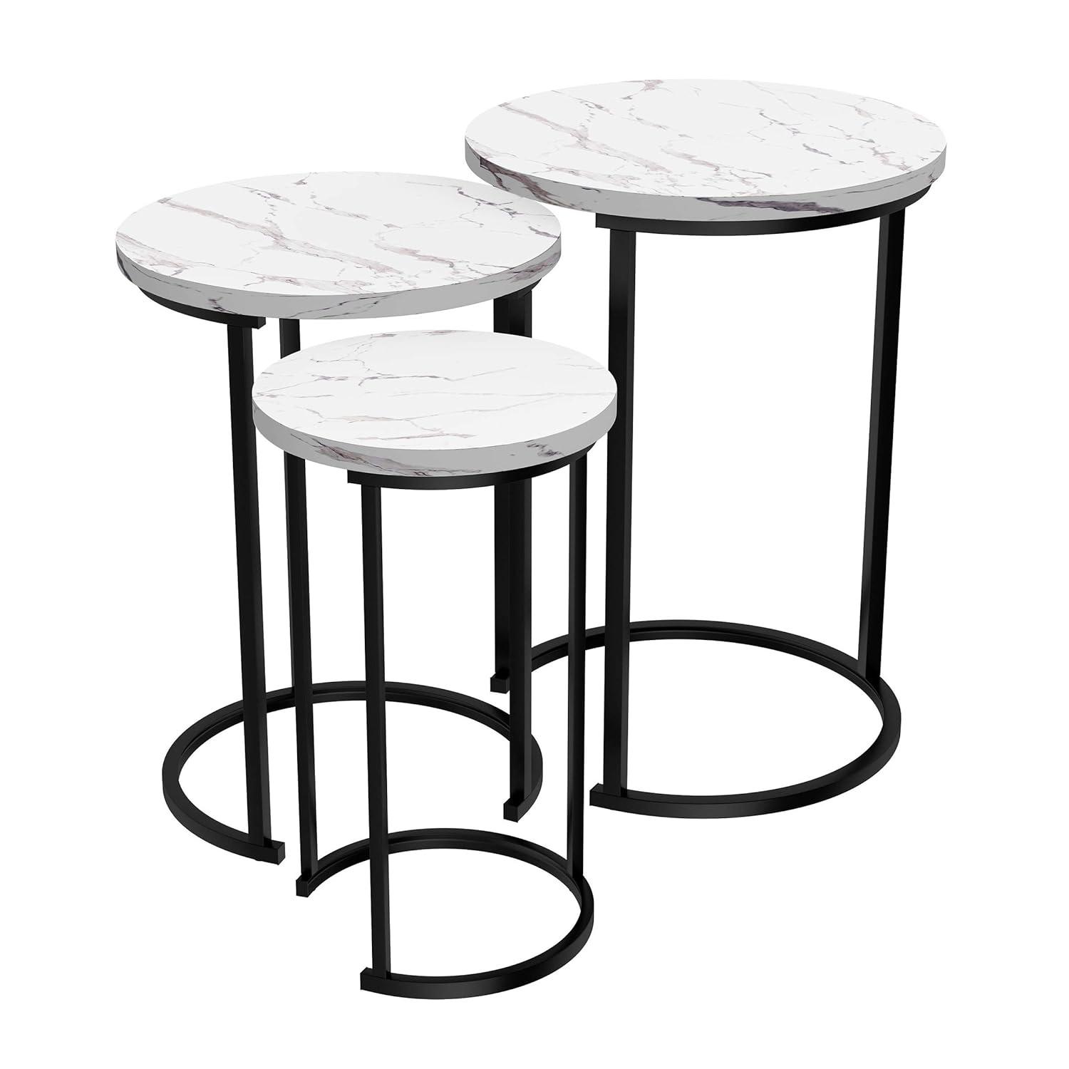 Set of 3 White Faux Marble and Black Metal Round Nesting Tables