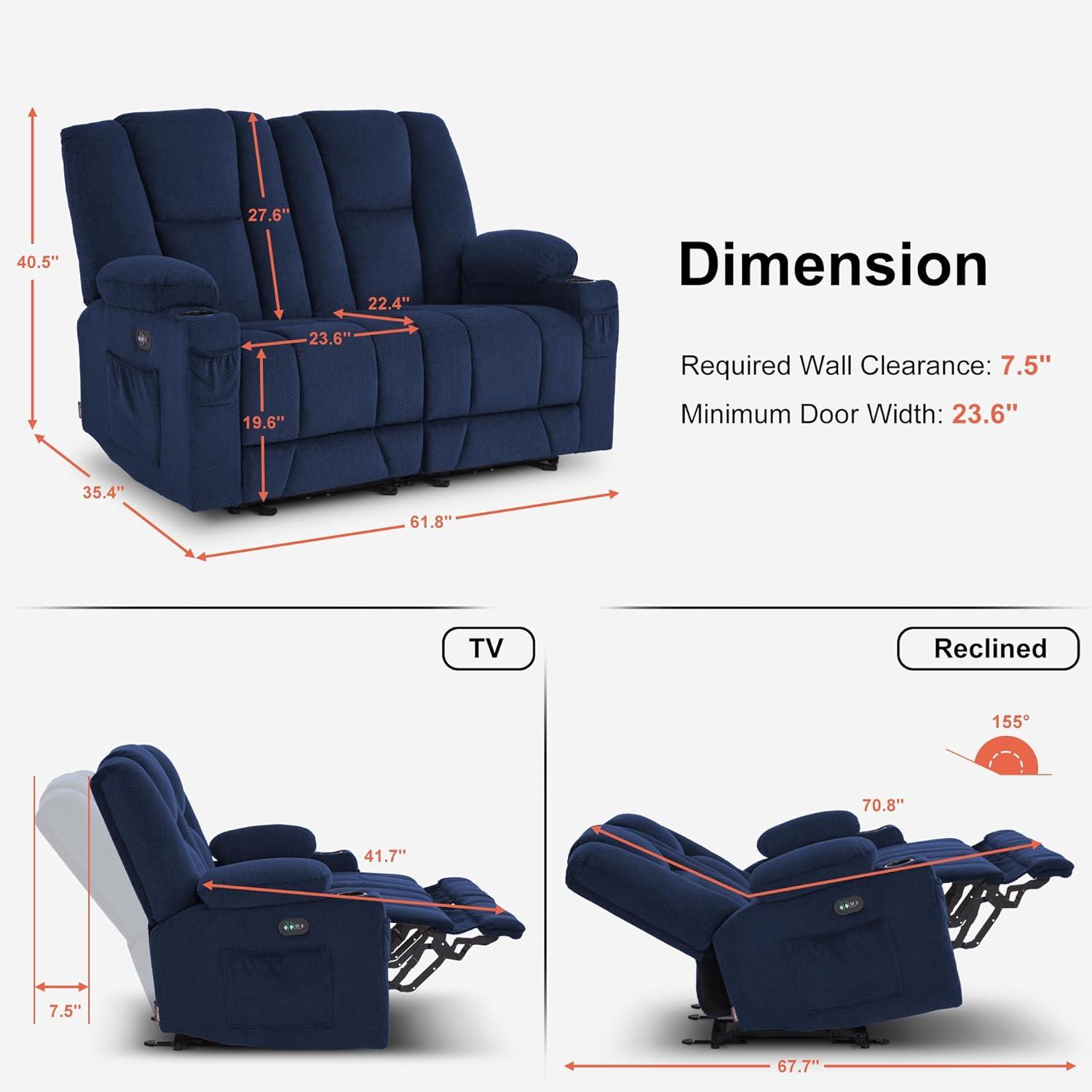 MCombo Power Loveseat Recliner w/ Massage USB Port for Living Room Navy Blue Fabric 6025