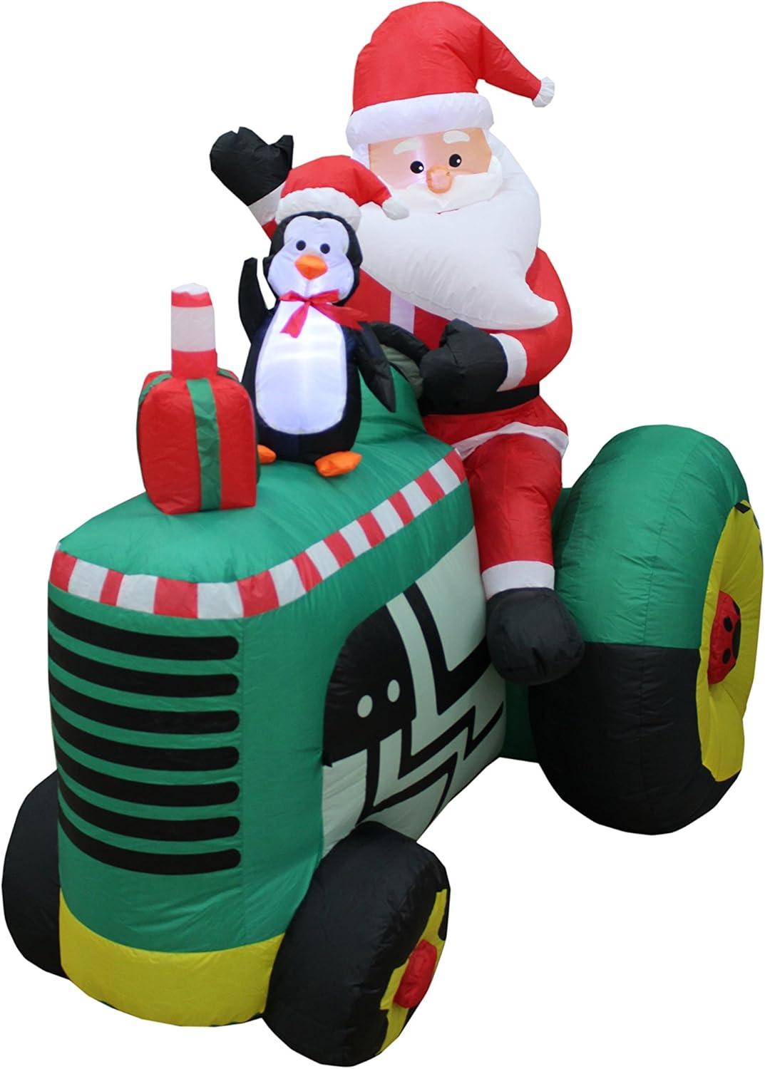 5.3 Foot Inflatable Santa Claus on Tractor with Penguin and LED Lights