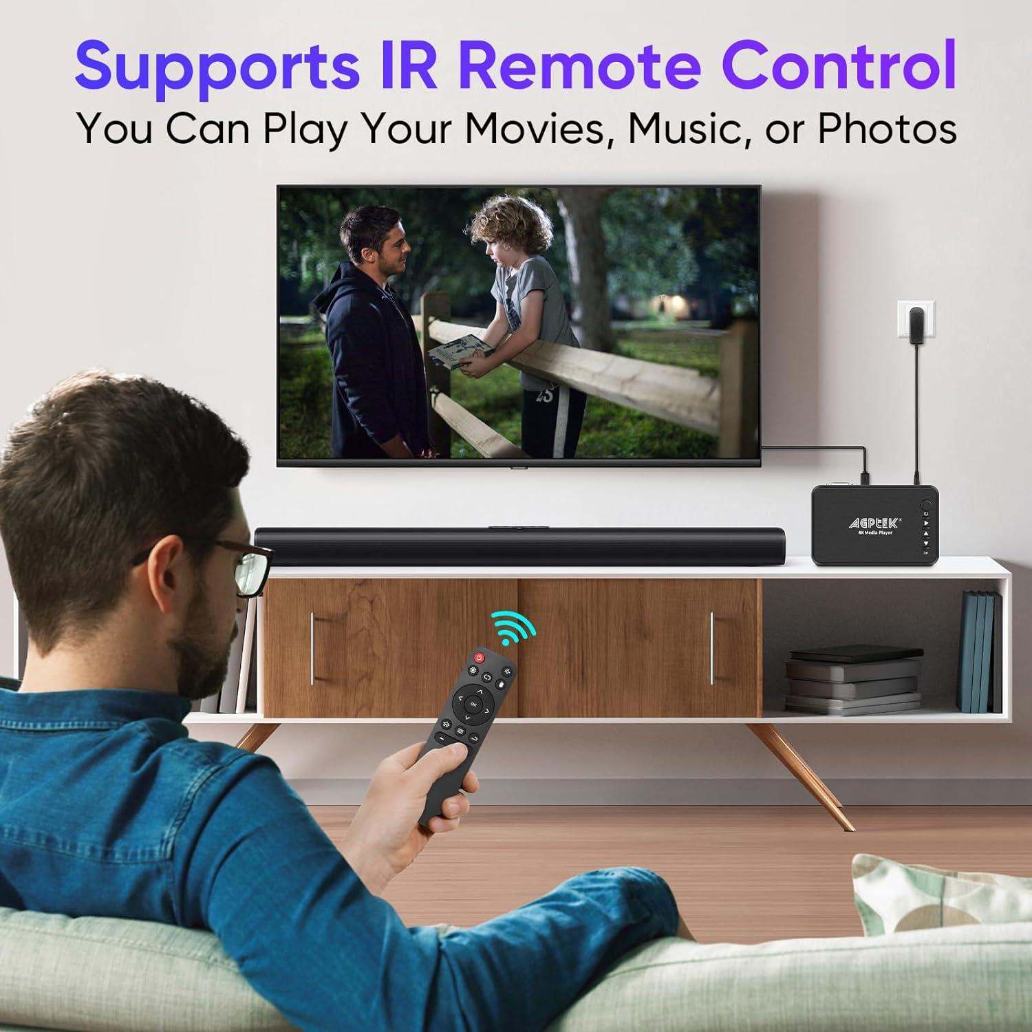 AGPTEK Updated 4K@30hz HDMI TV Media Player with HDMI/AV/VGA Output, Digital MP4 Player for 14TB HDD/ 256G USB Drive/SD Card/H.265 MP4, with Remote Control for MP3 AVI RMVB MPEG etc