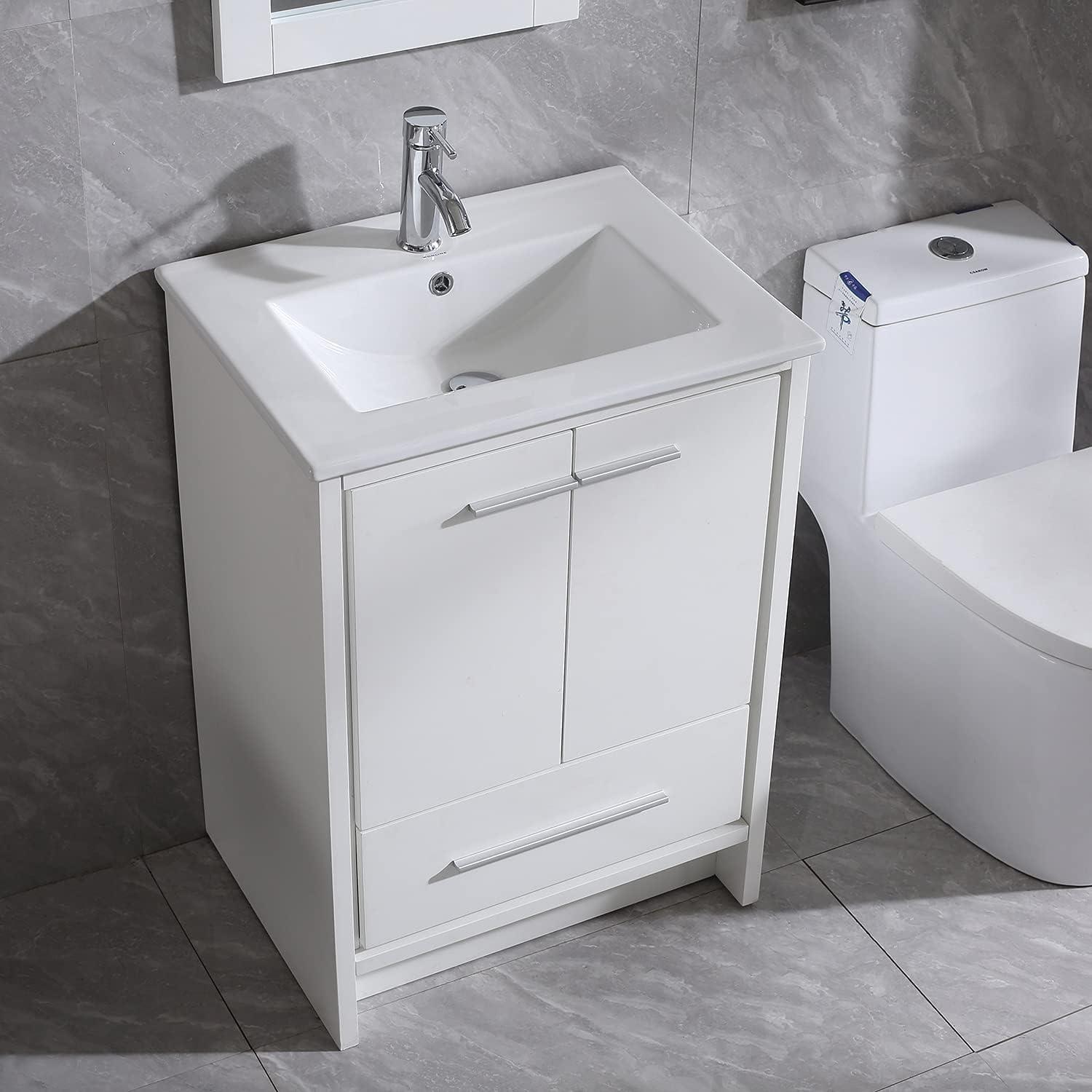 24-Inch White MDF Bathroom Vanity with Ceramic Sink and Mirror