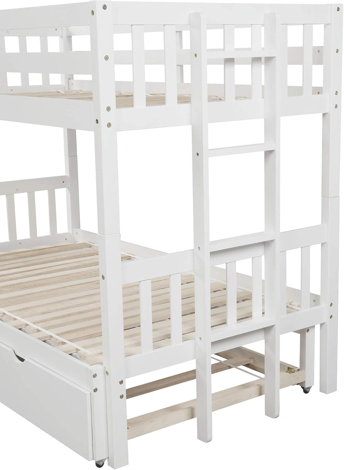 DreamBuck, Twin over Pull-out Bunk Bed with Trundle, Solid Wood Twin Over Twin/King Bunk Bed, Extendable Bunk Beds with Ladder and Safety Rail, Thicken Wooden Bunkbed, Accommodate 4 People, White