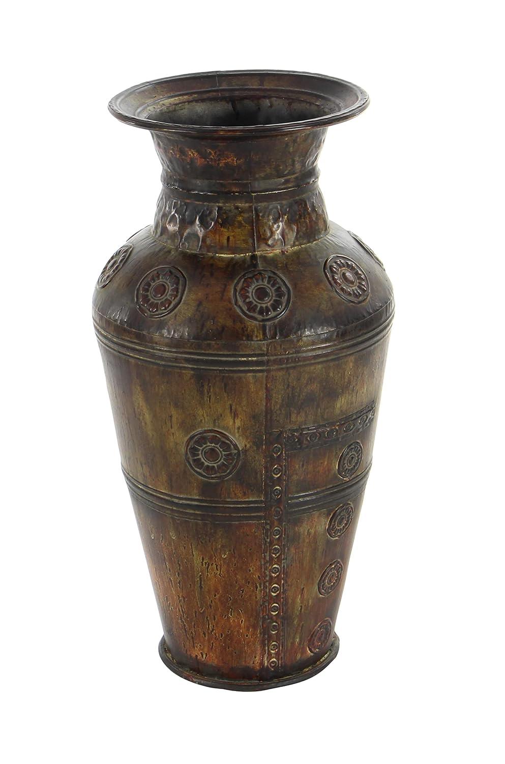 DecMode 29", 22"H Floral Indoor Outdoor Large Brown Metal Vase with Evil Eye Relief, Set of 2