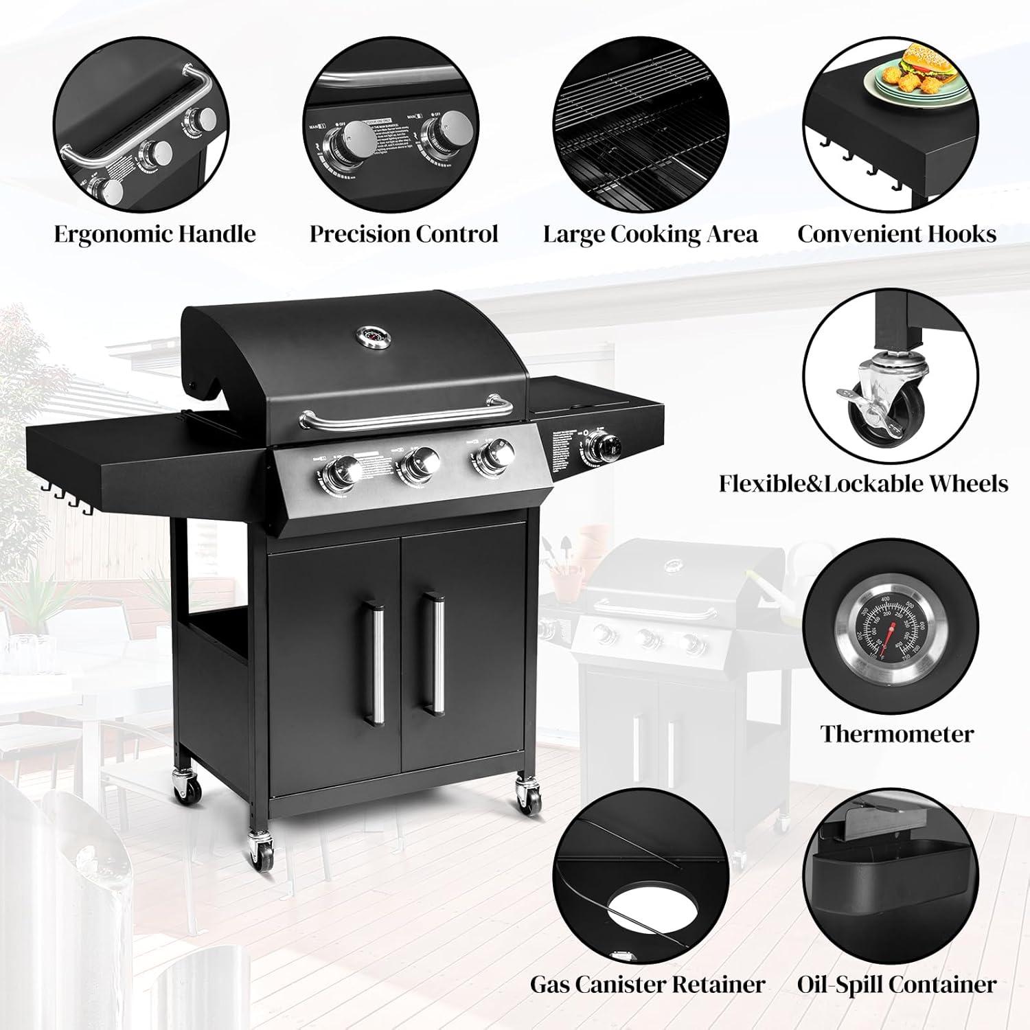 3 Burner Propane Gas Grill With Side Burner