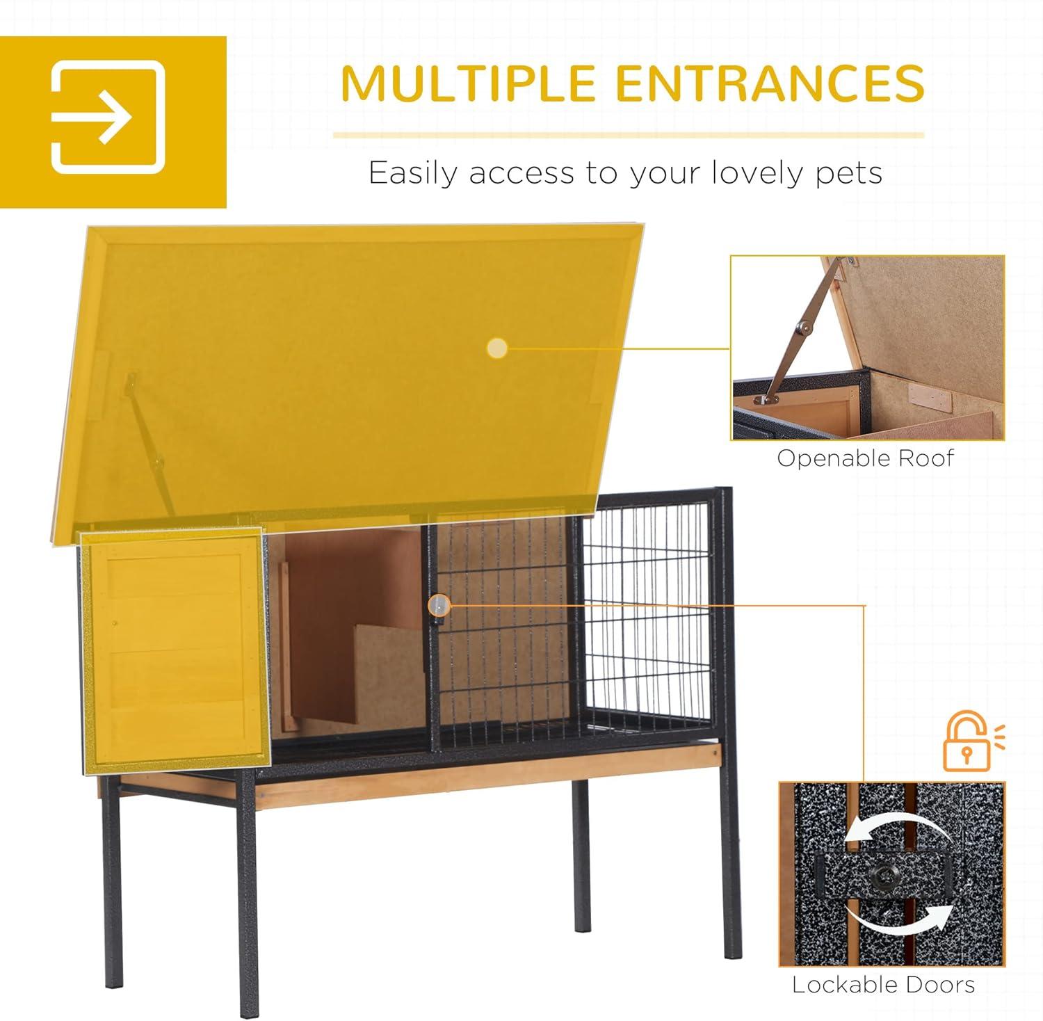 PawHut Rabbit Hutch Elevated Bunny Cage Small Animal Habitat with Metal Frame, Wire Pan, and Asphalt Roof for Indoor/Outdoor Natural Wood