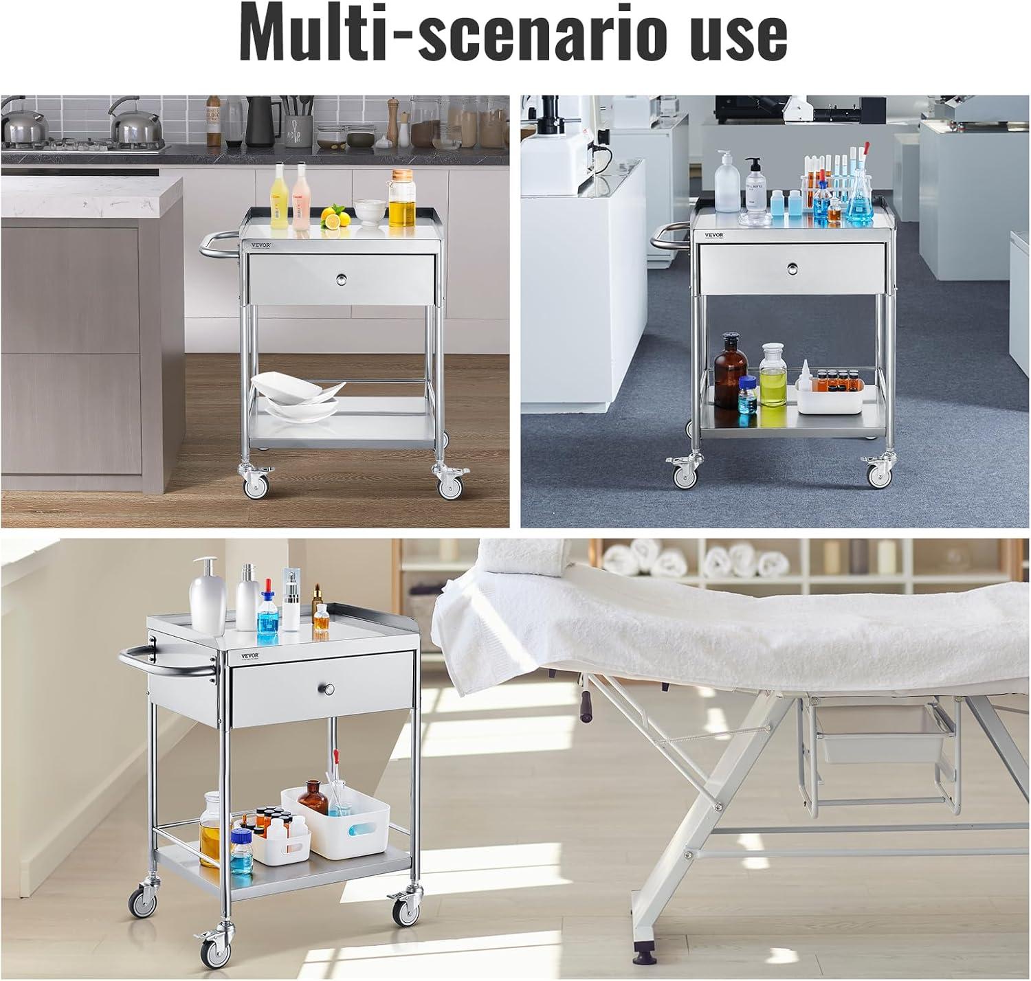 VEVOR 2-Tier Stainless Steel Lab Utility Cart with Drawer and Swivel Wheels