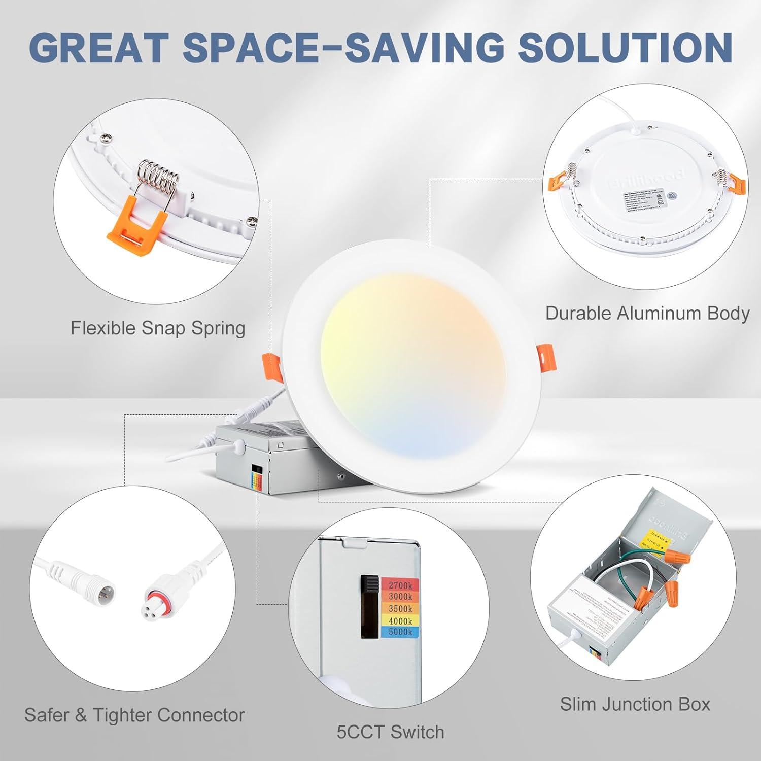 PARMIDA (12 Pack) 6 Inch Ultra-Thin LED Recessed Ceiling Light with Junction Box, 5CCT Color Selectable 2700K/3000K/3500K/4000K/5000K, 12W, Dimmable Canless Wafer Slim Panel Downlight, IC Rated, ETL