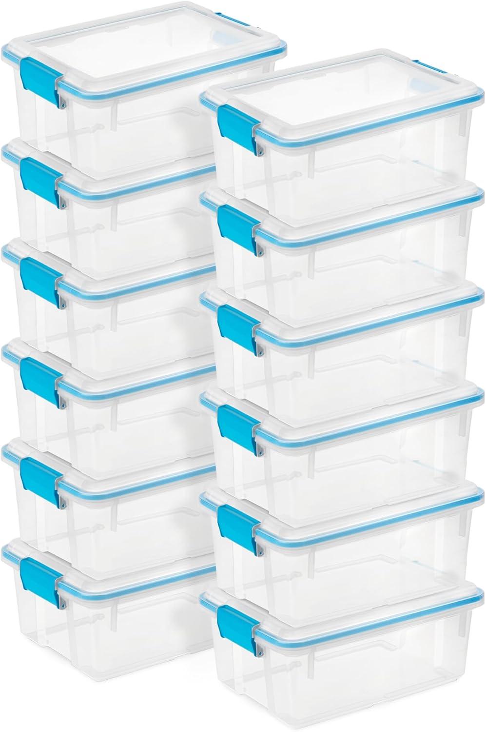 Sterilite 12 Qt Gasket Box, Stackable Storage Bin with Latching Lid and Tight Seal Plastic Container to Organize Basement, Clear Base and Lid, 12-Pack