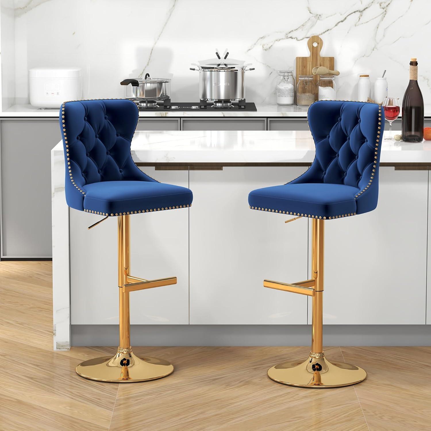 Swivel Bar Stools Set of 2, Height Adjustable Dining Chairs with Rivets, Button Tufted Back and Metal Footrest, Velvet Upholstered Side Chairs, Armless Chairs for Dining Room Bar Kitchen Island