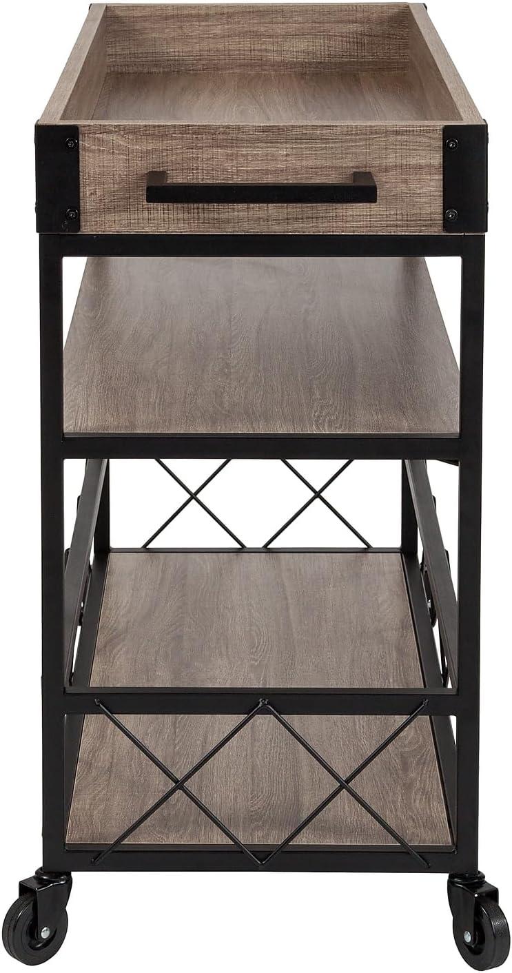 Flash Furniture Buckhead Distressed Light Oak Wood and Iron Kitchen Serving and Bar Cart with Wine Glass Holders