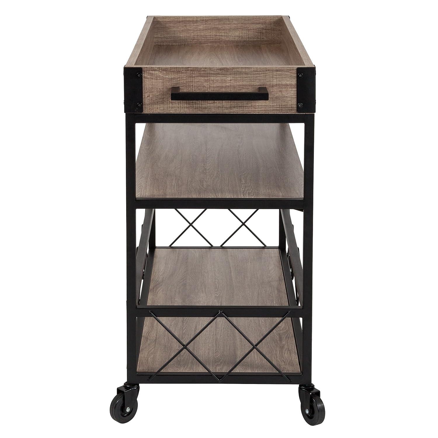 Flash Furniture Buckhead Distressed Light Oak Wood and Iron Kitchen Serving and Bar Cart with Wine Glass Holders