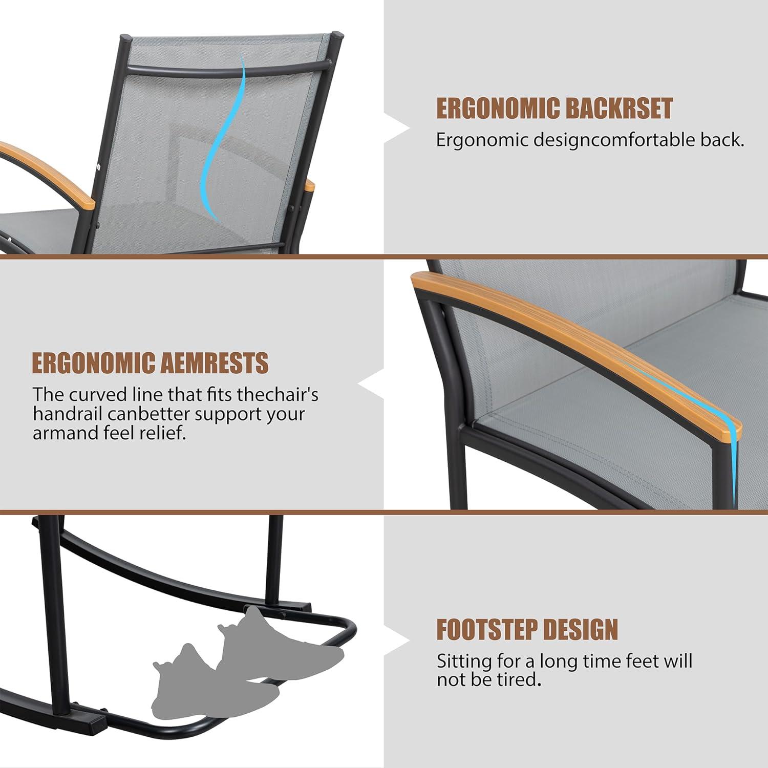 3 Piece Outdoor Rocking Bistro Set, Textilene Fabric Small Patio Furniture Set, Front Porch Rocker Chairs Conversation Set with Table for Lawn, Garden, Balcony, Poolside (Light Gray)