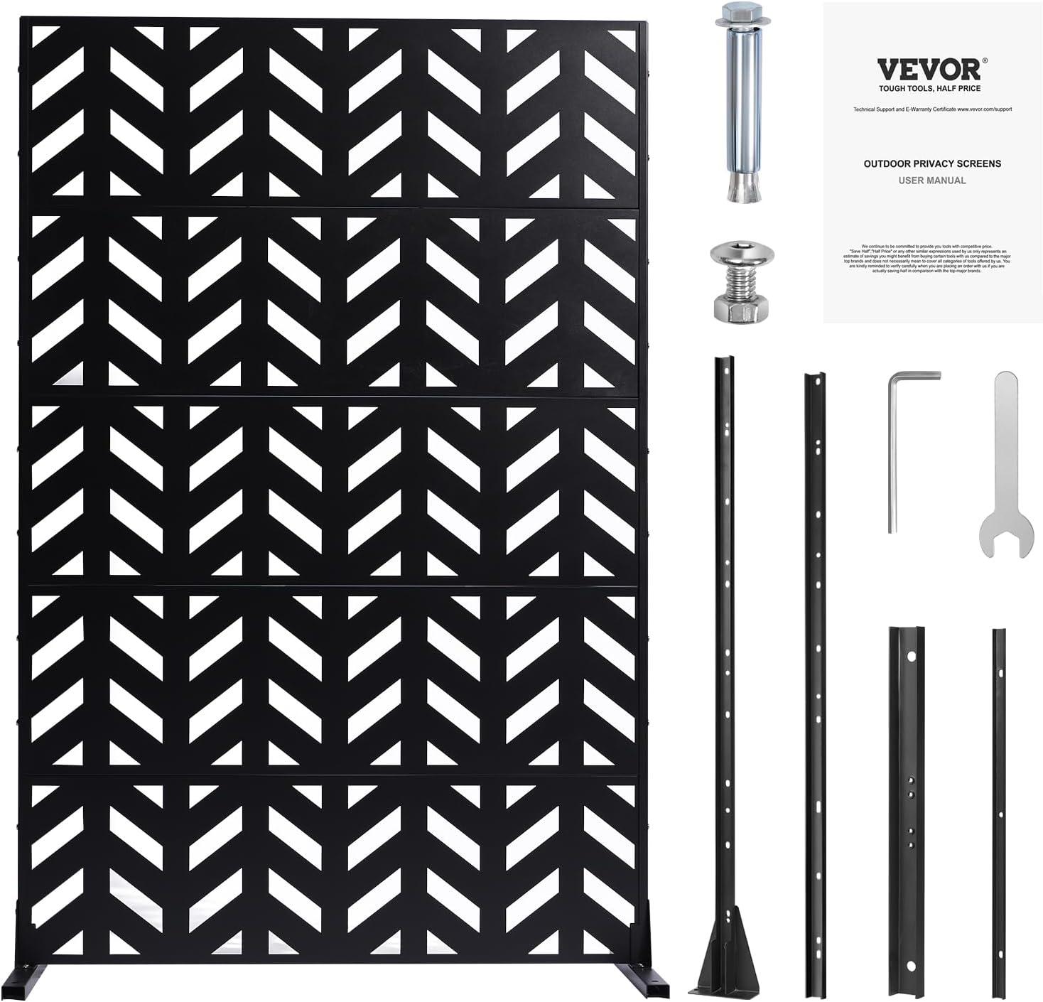 VEVOR Metal Privacy Screen, 47" W x 72" H, Outdoor Privacy Screens 5-Panel, Freestanding Outdoor Divider with Stand, Decorative Garden Steel Privacy Fence for Balcony Patio Indoor Room Black