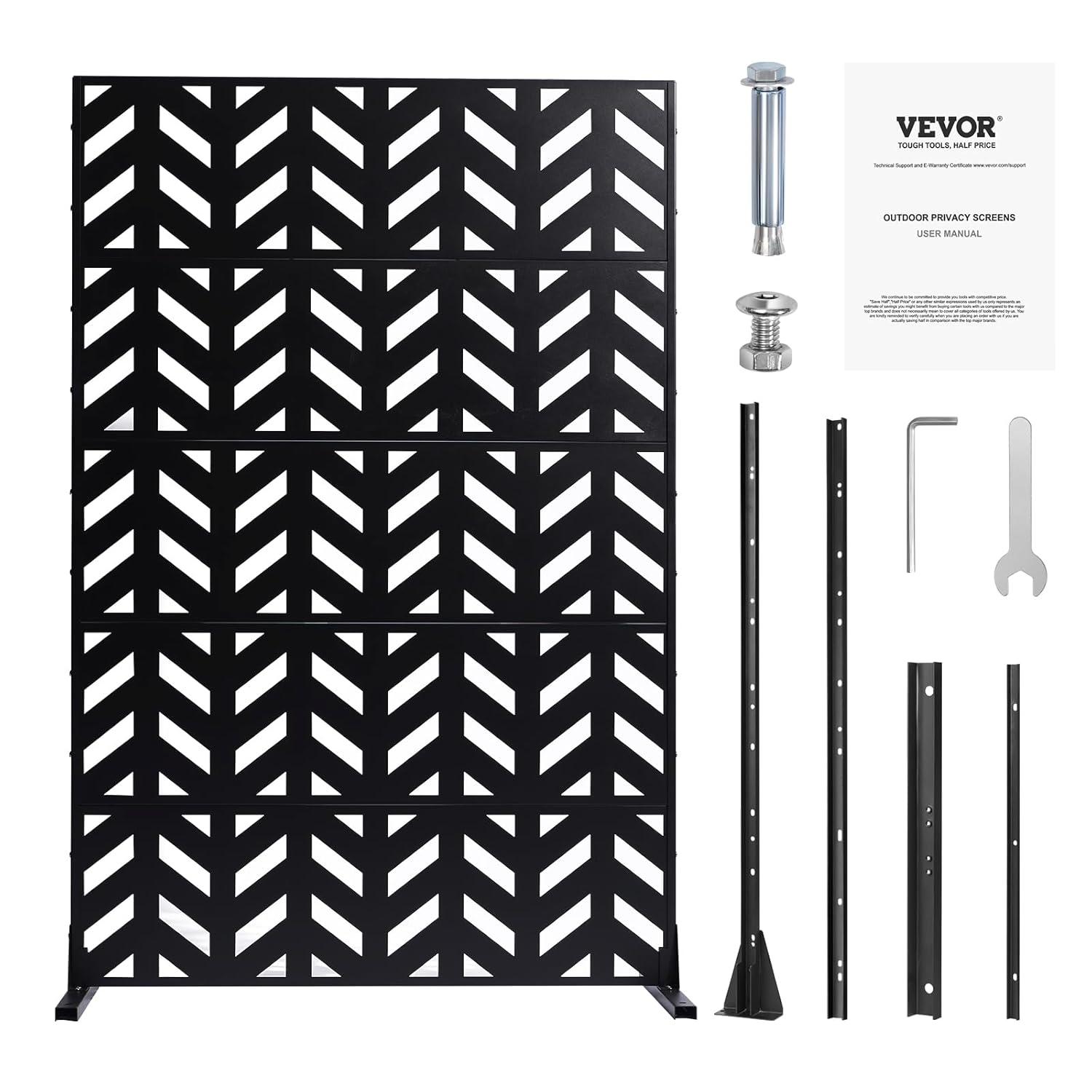 VEVOR Metal Privacy Screen, 47" W x 72" H, Outdoor Privacy Screens 5-Panel, Freestanding Outdoor Divider with Stand, Decorative Garden Steel Privacy Fence for Balcony Patio Indoor Room Black