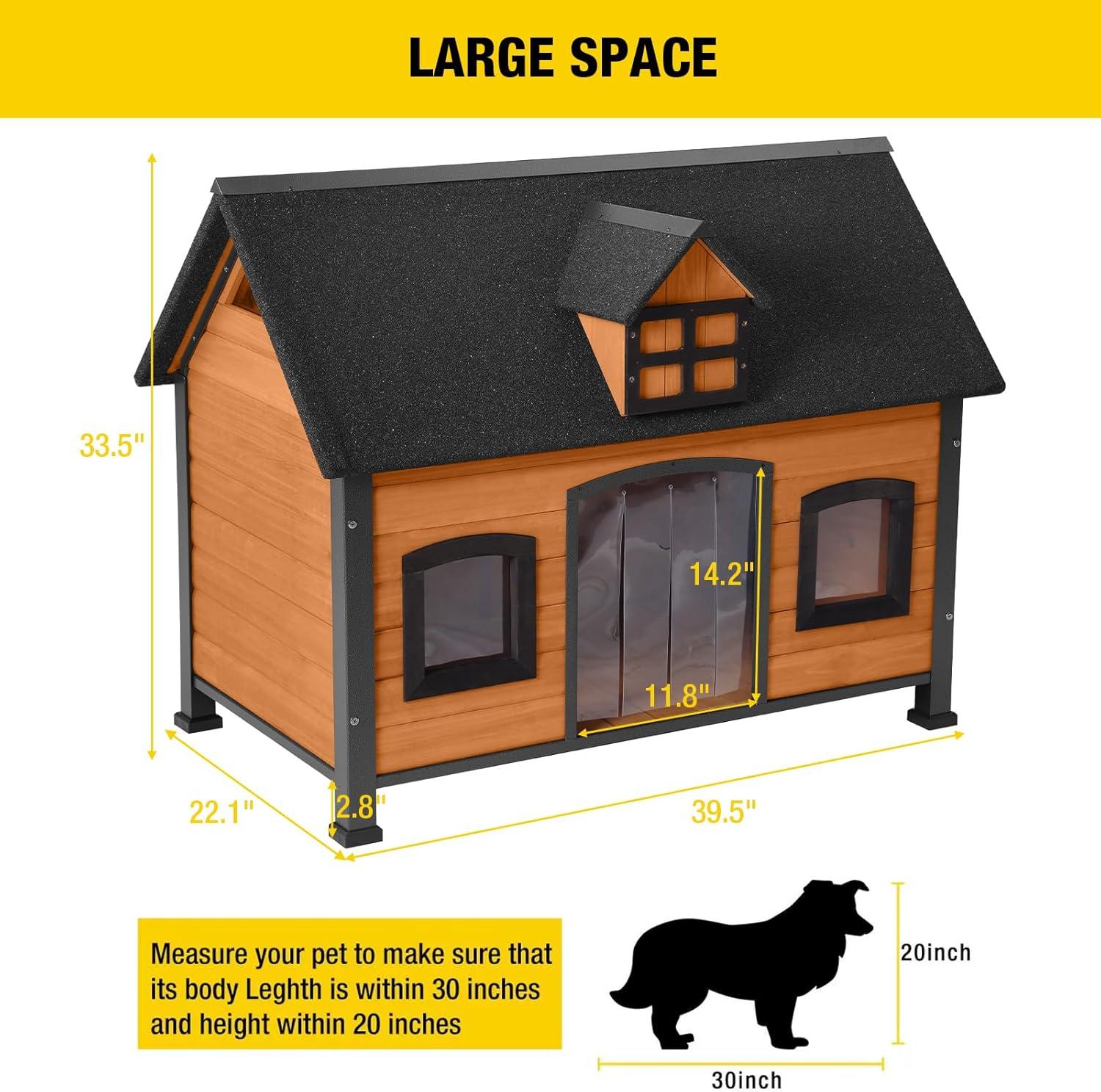 Archie & Oscar™ Lyndhurst Insulated Outdoor Dog House with Insulated Liner, Anti-Chewing Iron Frame Wooden Dog Kennel with Unique Design Roof, Weatherproof Dog House for Outdoor Indoor