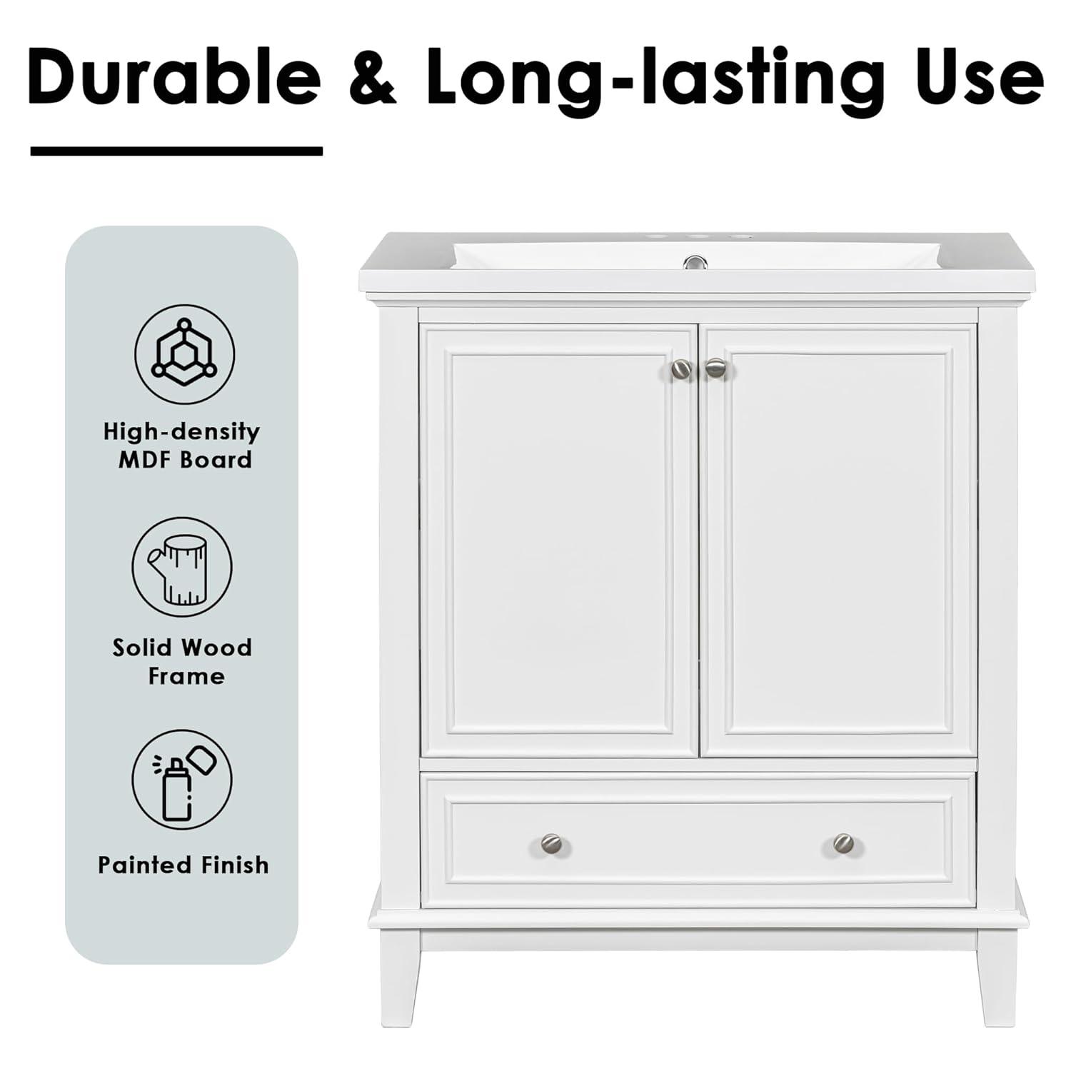 Harper & Bright Designs 30" Bathroom Vanity Without Sink, Free Standing Wooden Bathroom Cabinet with 2 Doors and Drawer for Bathroom, White (Sink Basin Not Included)