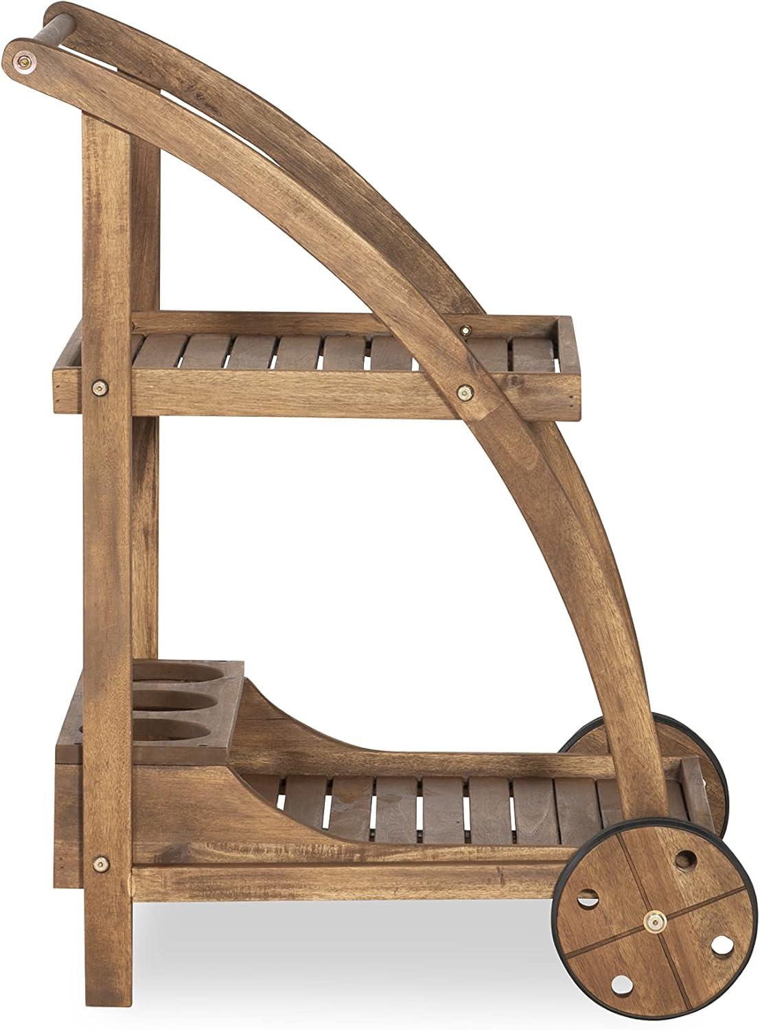 Linon Chandler Acorn Finished Acacia Wood Outdoor Bar Trolley with Three Bottle Glass Holders