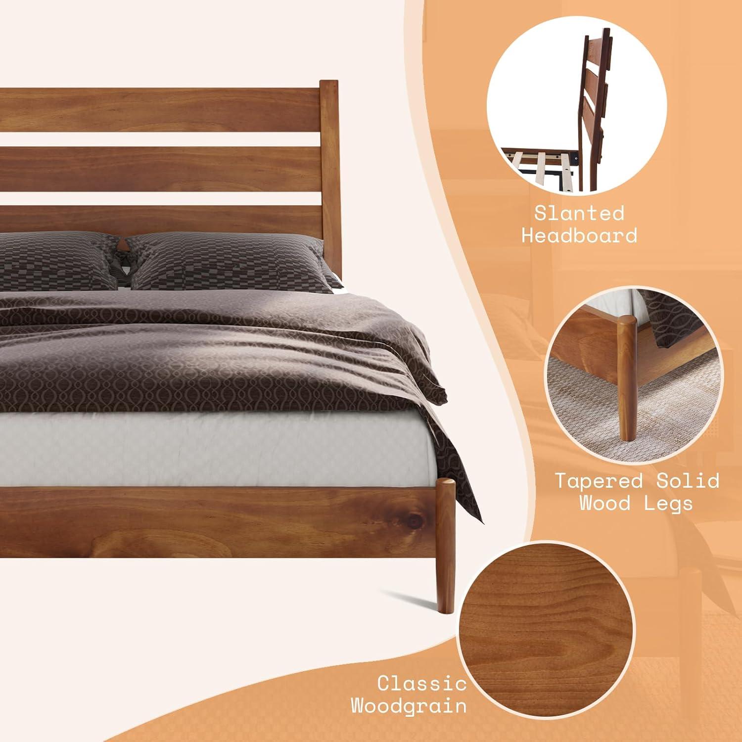 Solid Wood Bed Frame with Reclining Slatted Headboard