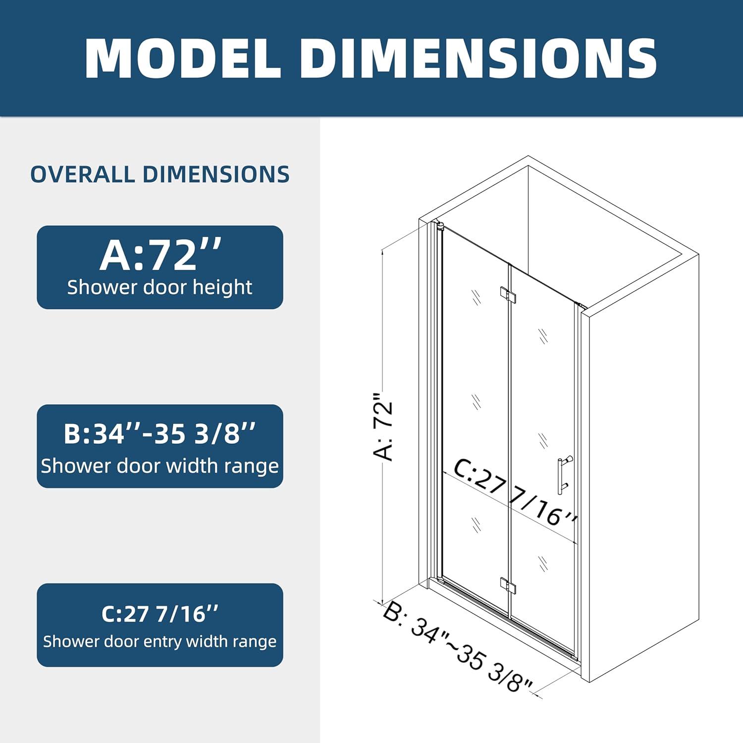 34'' W x 72'' HFolding Frameless Shower Door with Tempered Glass