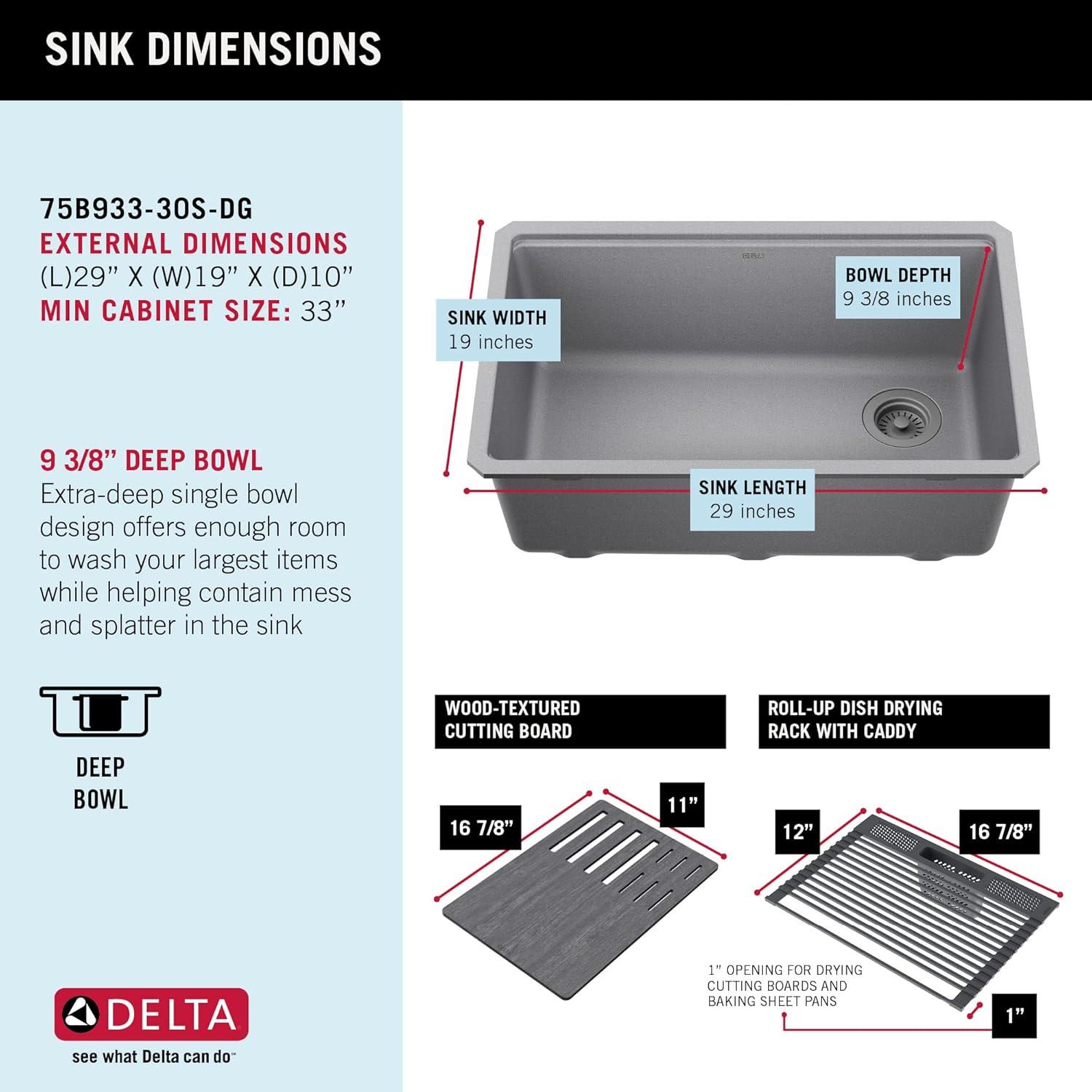 Delta Everest™ 33" L Granite Composite Workstation Kitchen Sink Drop-In Top Mount Single Bowl with WorkFlow™ Ledge