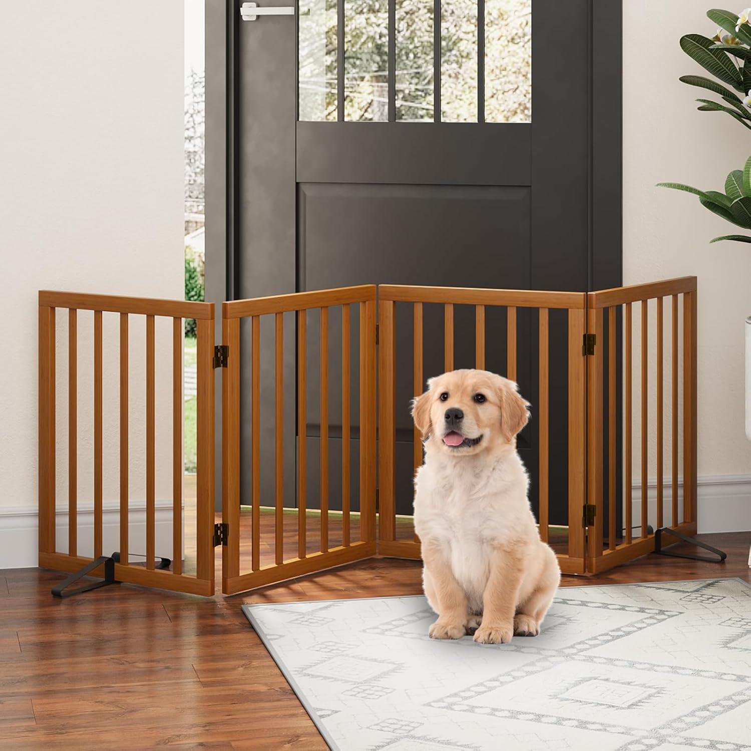 Indoor Pet Gate - 4-Panel Folding Dog Gate for Stairs or Doorways - 72x24-Inch Freestanding Pet Fence for Cats and Dogs by PETMAKER (Brown)