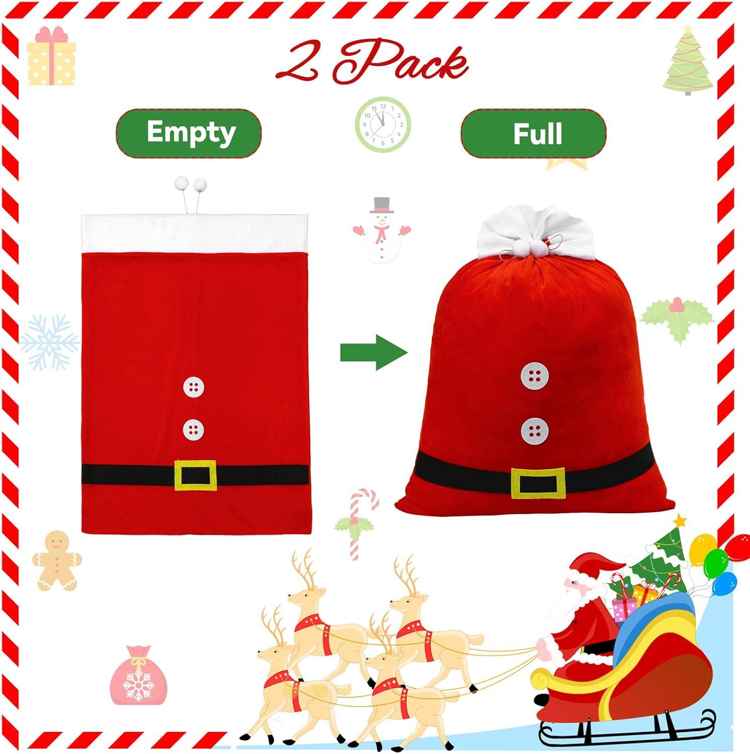 2 Pcs Christmas Velvet Bags with Drawstring Large Plush Santa Sack Christmas Gift Bags in 2 Size for Xmas Package Storage Bags