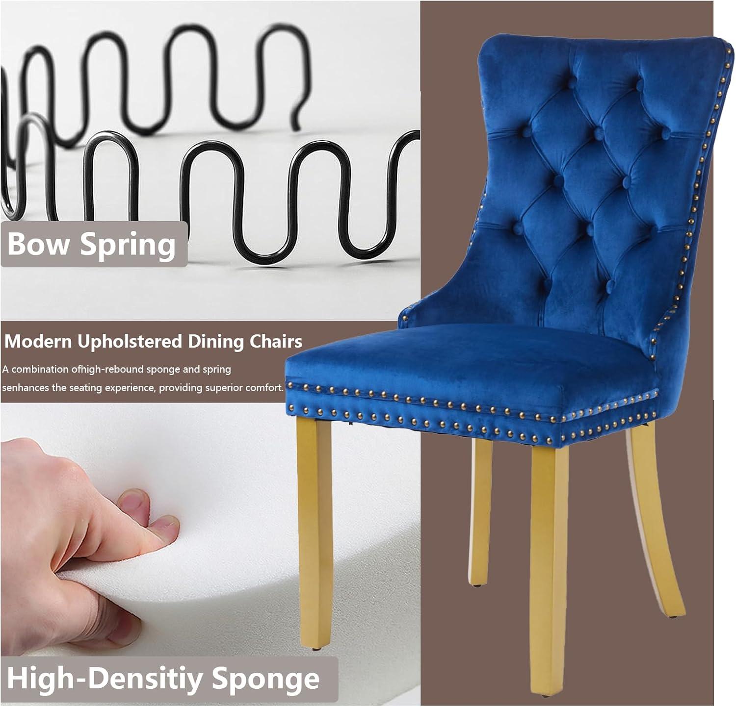 Velvet Upholstered Dining Chairs, Set of 2, Dining Room Tufted Chair, Modern Button Tufted Armless Chairs with Nailhead Trim and Back Ring Pull, Gold Legs, for Dining Room, Kitchen, Navy