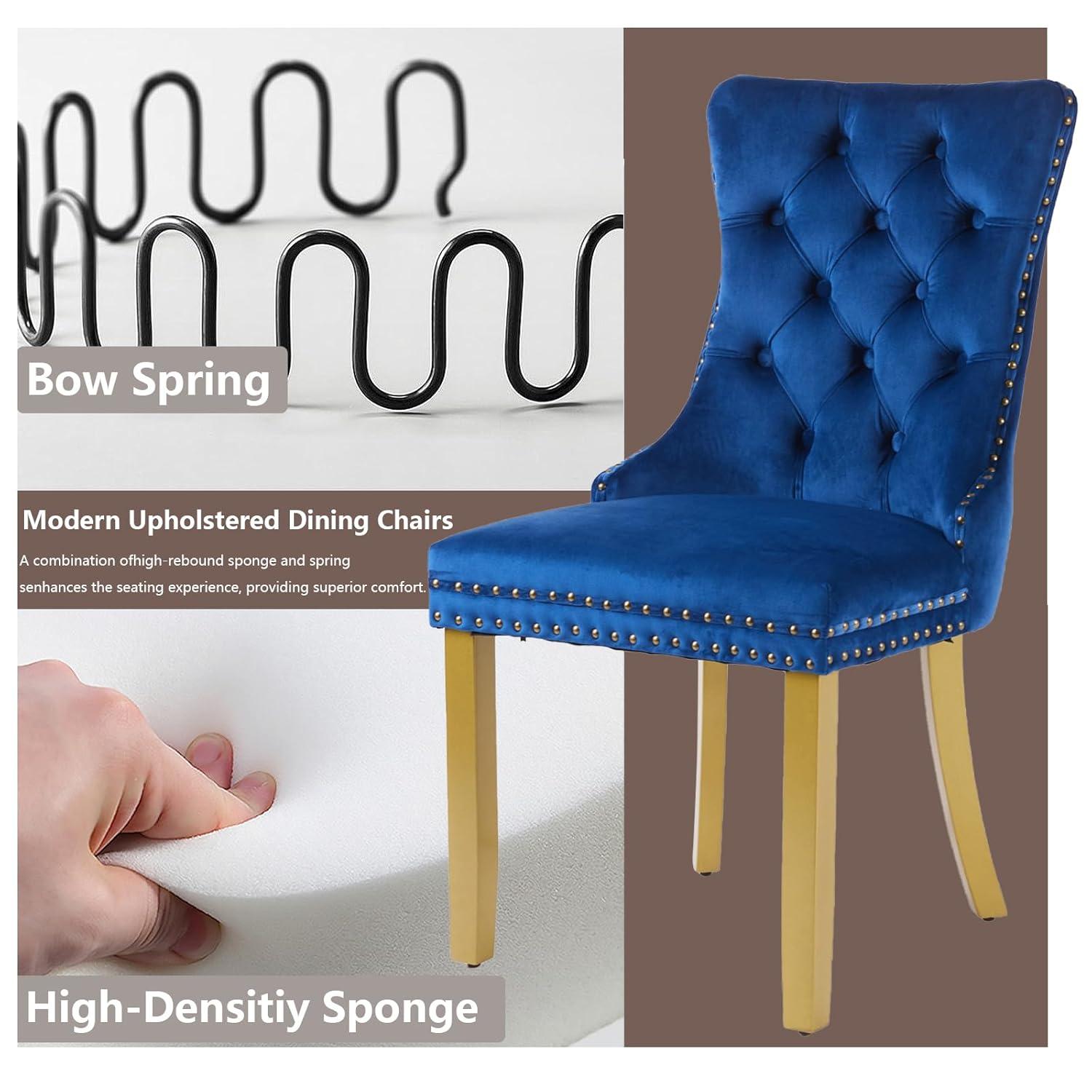 Velvet Upholstered Dining Chairs, Set of 2, Dining Room Tufted Chair, Modern Button Tufted Armless Chairs with Nailhead Trim and Back Ring Pull, Gold Legs, for Dining Room, Kitchen, Navy