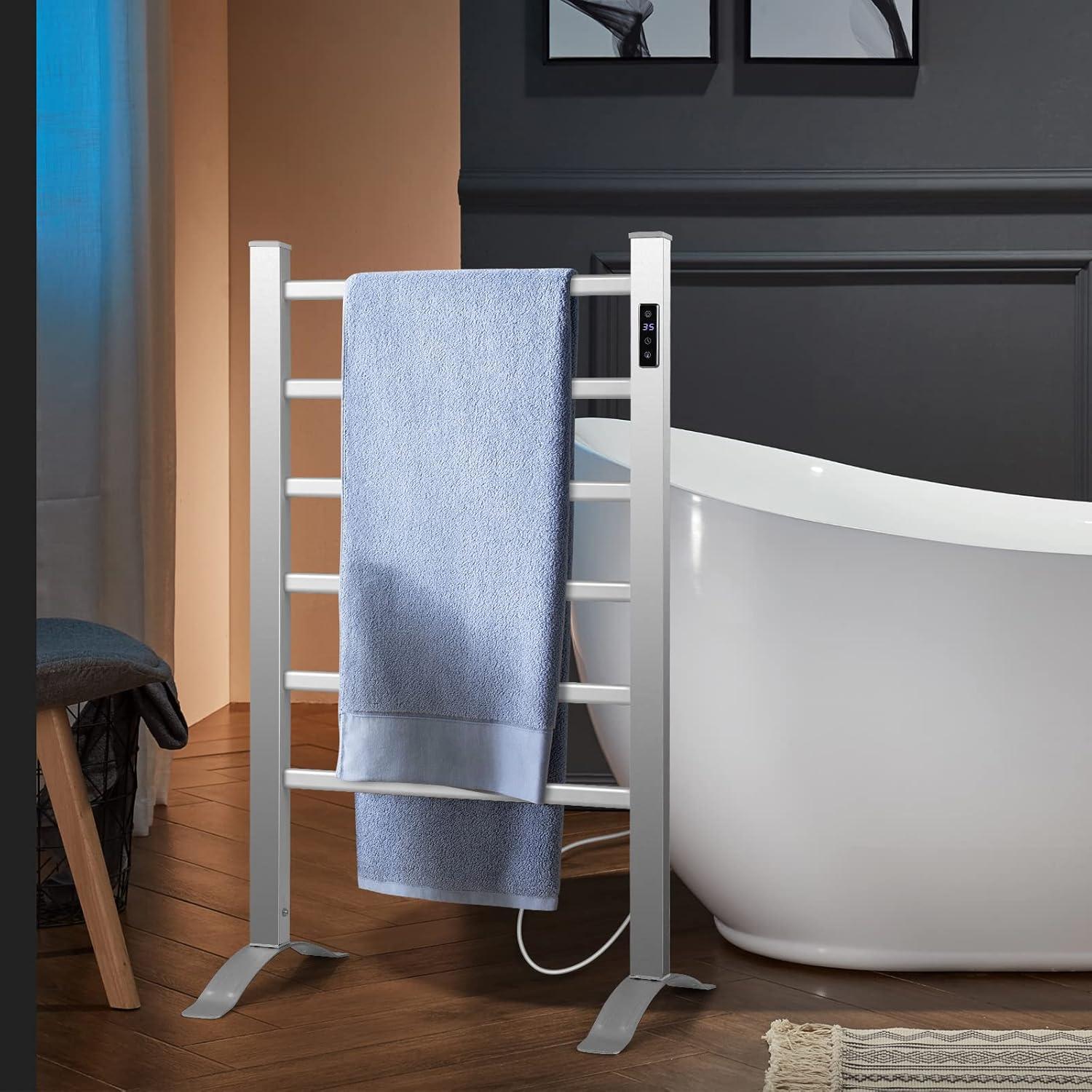 Costway Freestanding Wall Mounted Towel Warmer 6-Bar Aluminum Heated Towel Rack w/ Timer