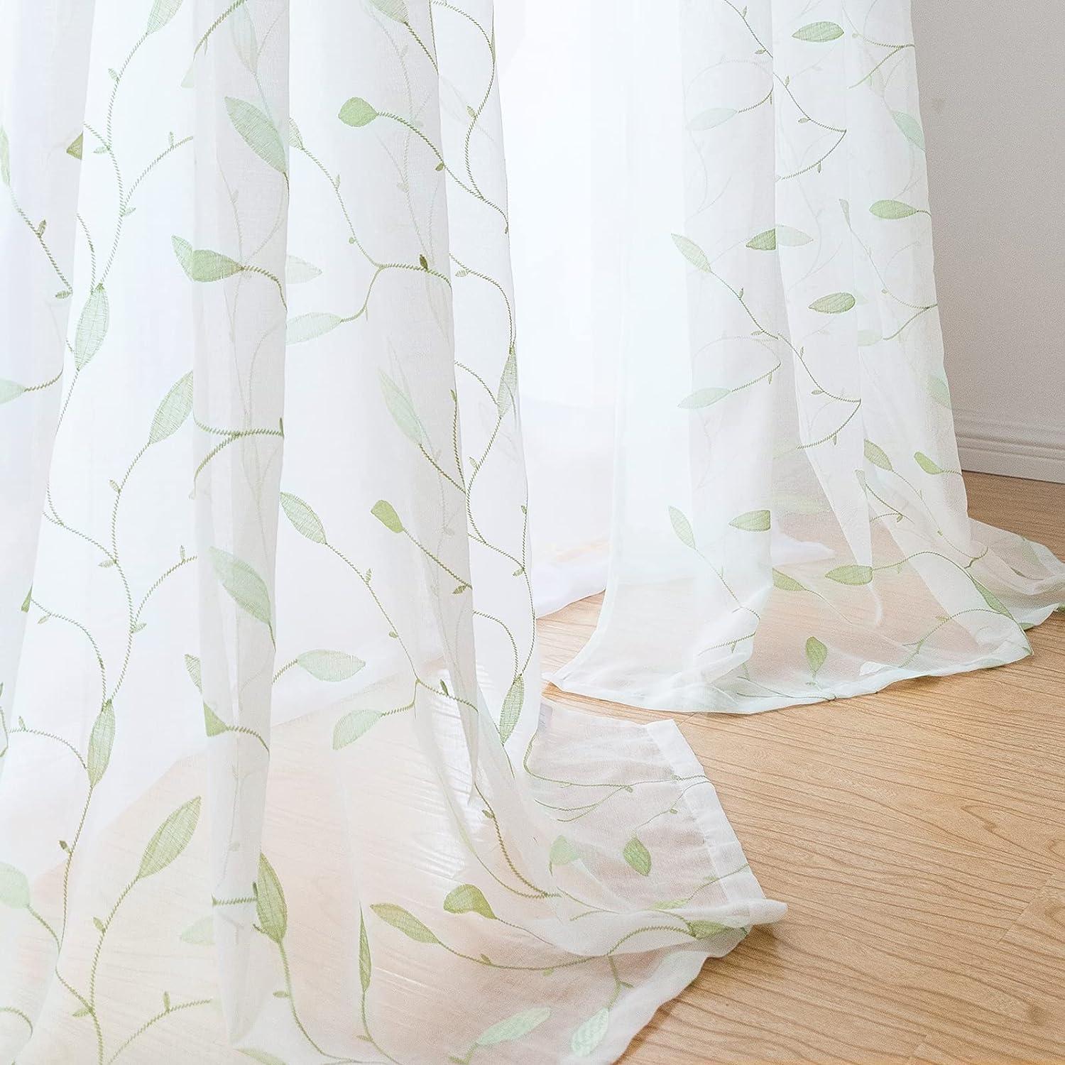 Green Leaf Embroidered Sheer Grommet Curtains 84"