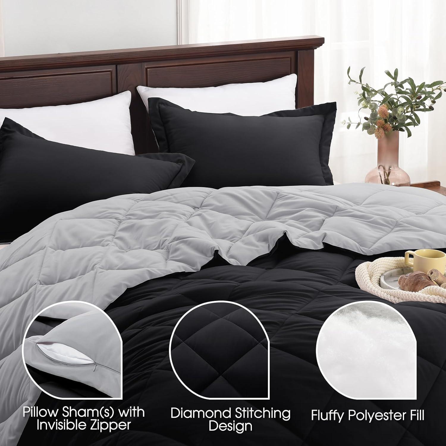 Queen Black and Grey Reversible Microfiber Comforter Set