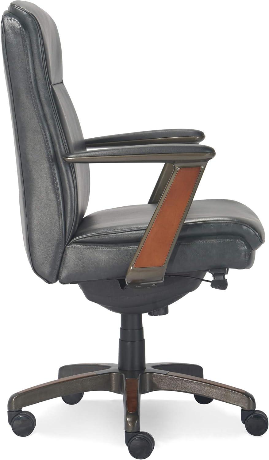 Executive High-Back Black Leather Swivel Office Chair with Wood Accents