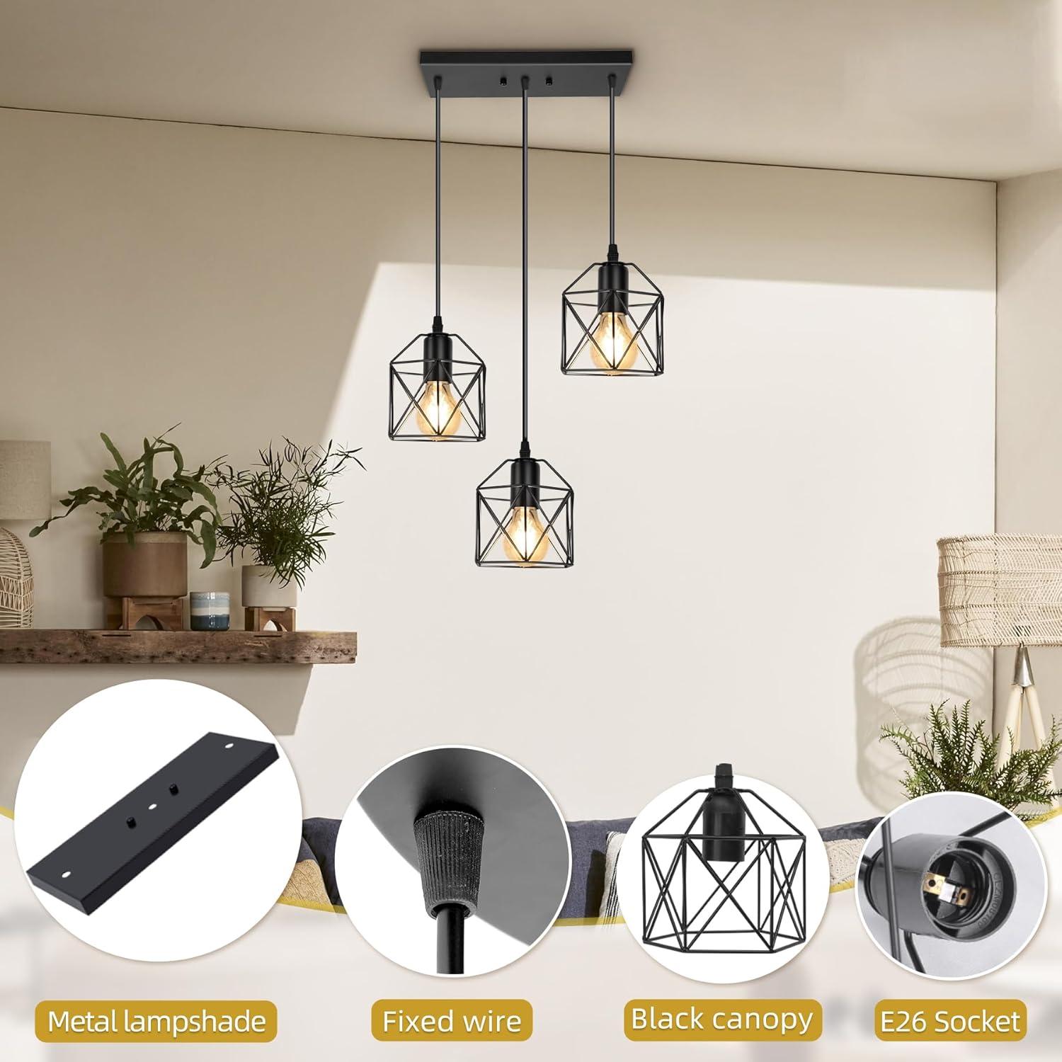 Black Metal 3-Light Adjustable Farmhouse Pendant Light