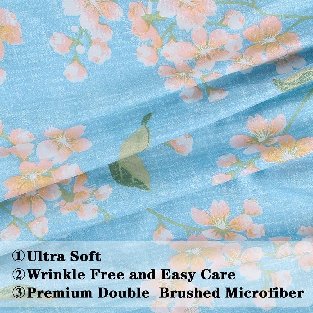 Blue Sakura Floral Queen Microfiber Deep Pocket Sheet Set