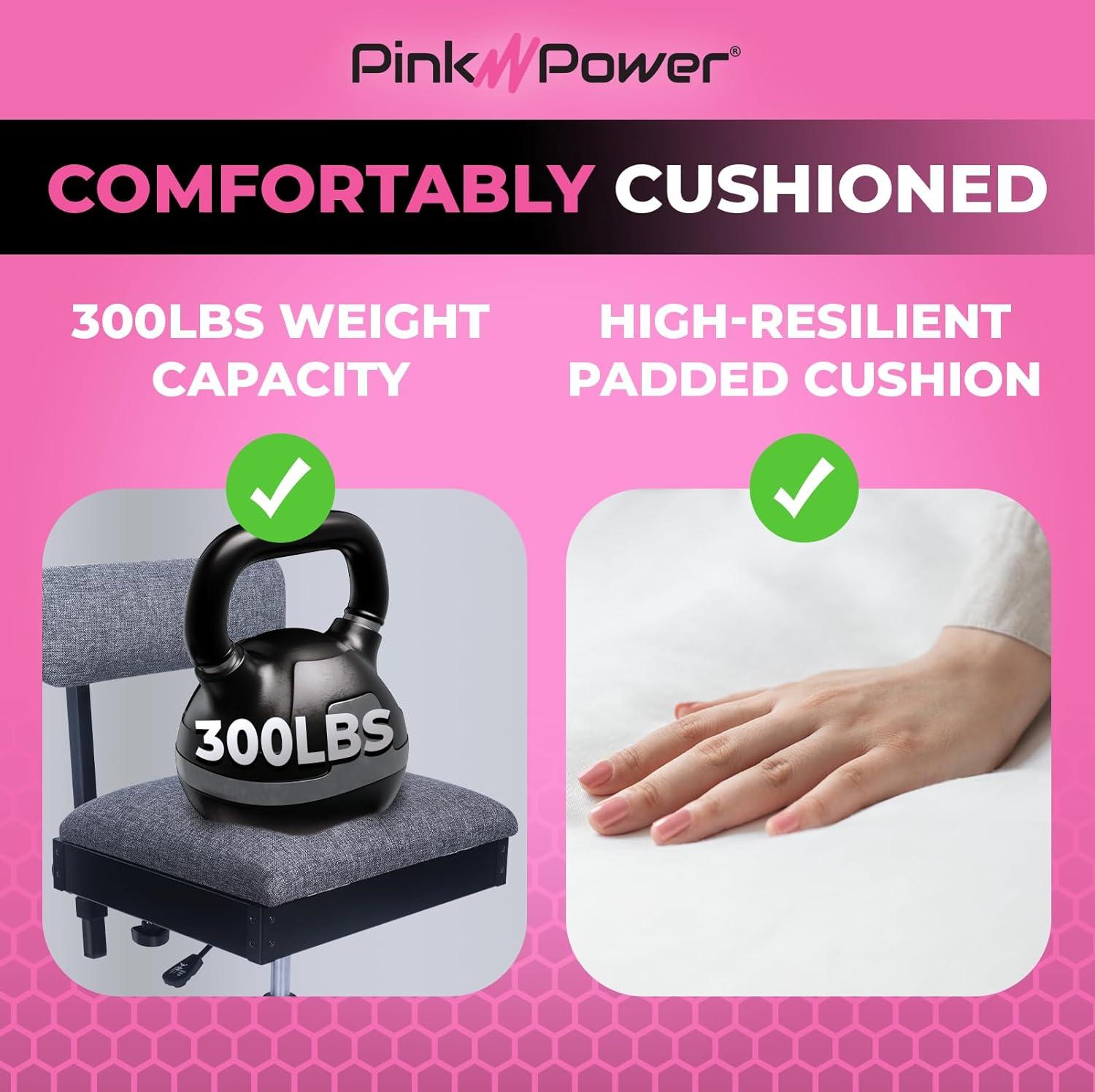 Pink Power Hydraulic Sewing Chair with Wheels and Adjustable Back Support - Armless Chair for Sewing, Crafting