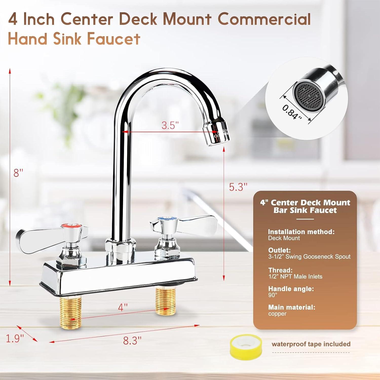 KWODE 4 Inch Center Commercial Hand Sink Faucet with 3-1/2”Gooseneck Spout, Dual Lever Handle Wall Mount Kitchen Sink Faucet, Brass Constructed, Chrome
