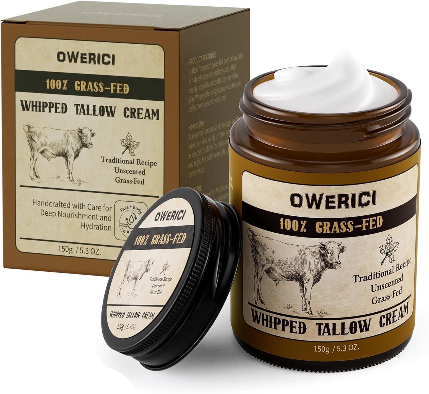 Beef Tallow for Skin, Tallow Face Moisturizer, 100% Grass Fed and Finished, Deeply Moisturizing for Face & Body, Whipped Cream Natural Care for Soft Supple (5.3 OZ., Extra Large)