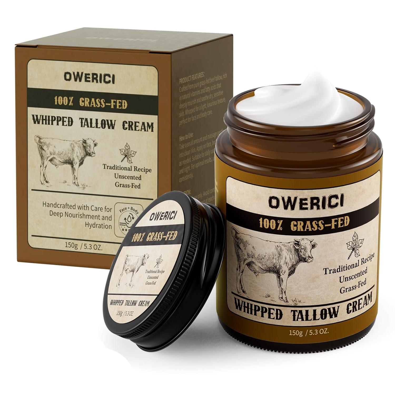 Beef Tallow for Skin, Tallow Face Moisturizer, 100% Grass Fed and Finished, Deeply Moisturizing for Face & Body, Whipped Cream Natural Care for Soft Supple (5.3 OZ., Extra Large)