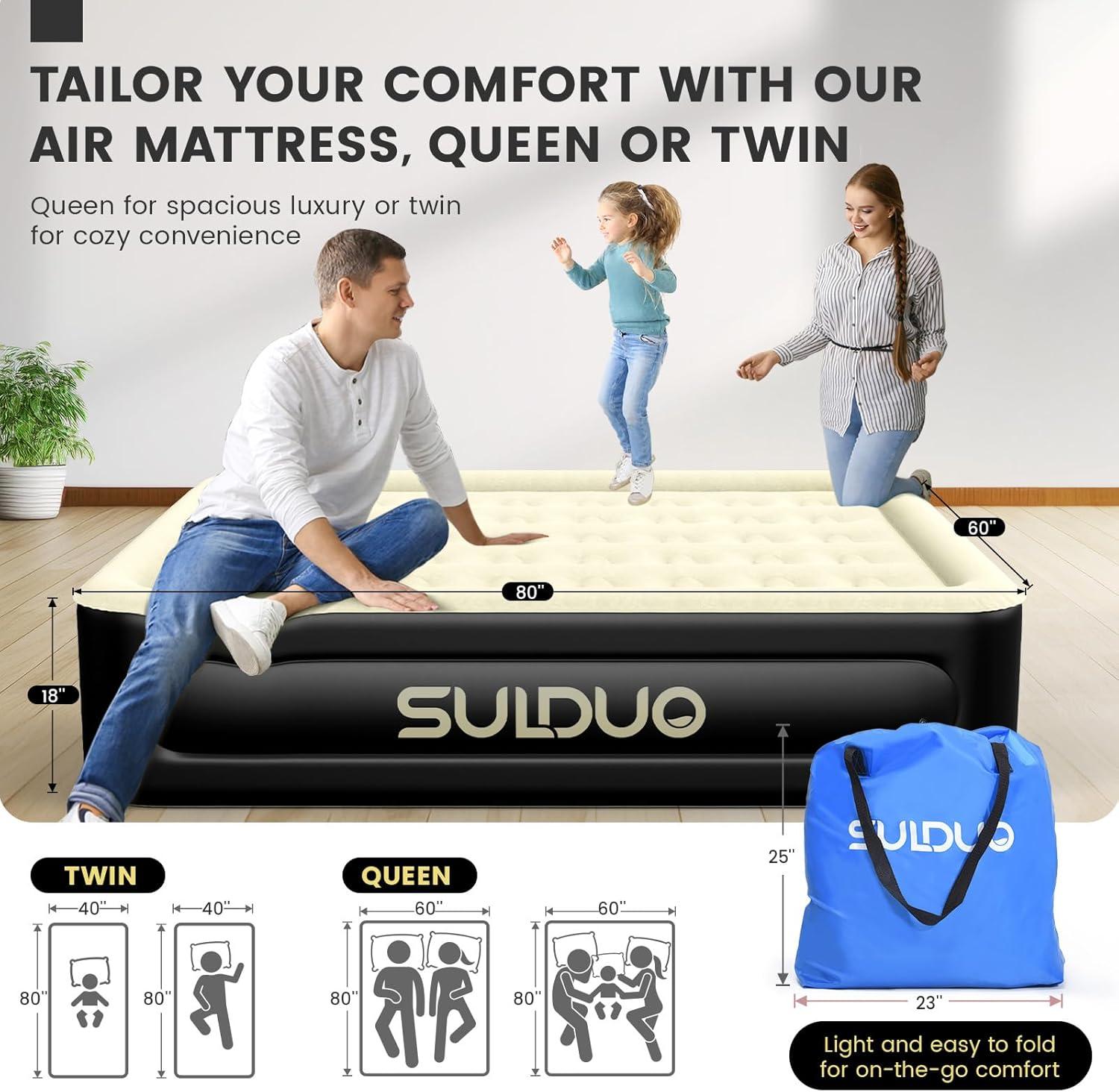 Luxury Air Mattress Queen with Built in Pump, 18'' High Double Blow Up Mattress, Self Inflating Air Bed with Flocked Top and Carry Bag, Durable Portable Airbed for Home Guest and Camping, Blue