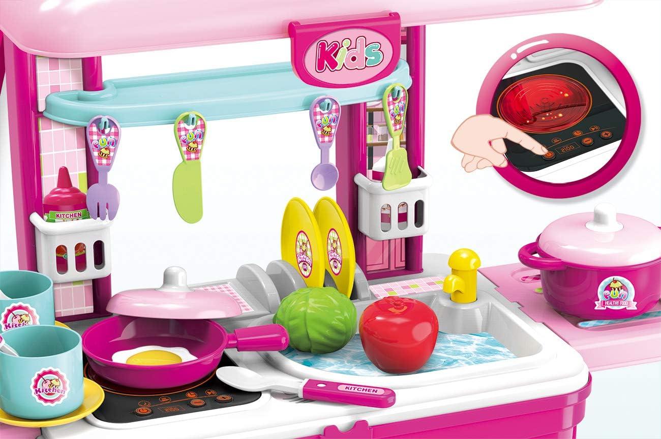 RUVINCE Pink Kids Kitchen Playset - Toddler Kitchen Set w/ Travel Suitcase