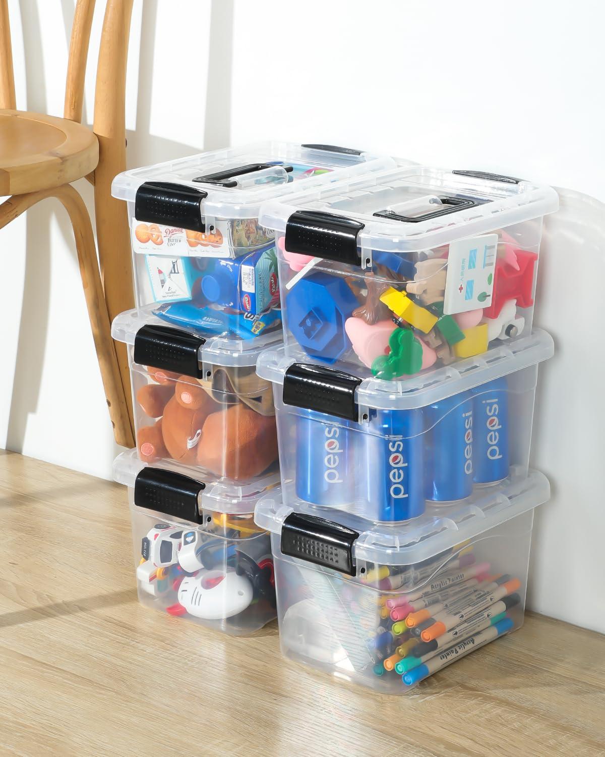 Plastic Storage Bins 7 Quart-Storage Organizer Bins with Black Buckle Lids, Stackable Storage Bins with Lids for Home Office Kids Room Closet School Art Supplies Organization,6 Packs, Clear